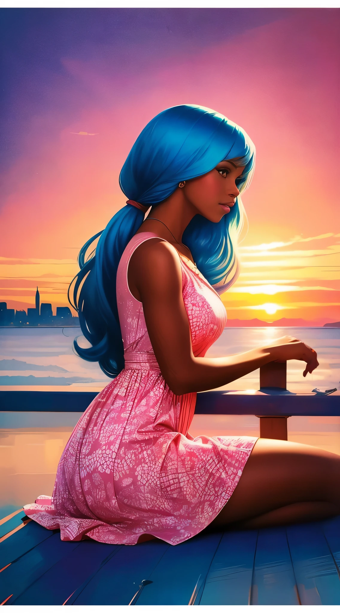 (best quality:1.1),original,1girl,chic,trendy,afro,dark skin,makeup,1970's, blue hair, brown eyes An illustration of african american woman with natural hair, in the style of ross tran, a pink dress with a cute cloud print and cute pink boots, a gorgeous woman with extremely long hair in a ponytail with bangs, sitting on a soft pink cloud looking at a distant magical city far beneath her, at sunset --ar 2:3 --v 6.0 pink and orange, jessica drossin, bold block prints, michael malm, bold yet graceful, bold traditional