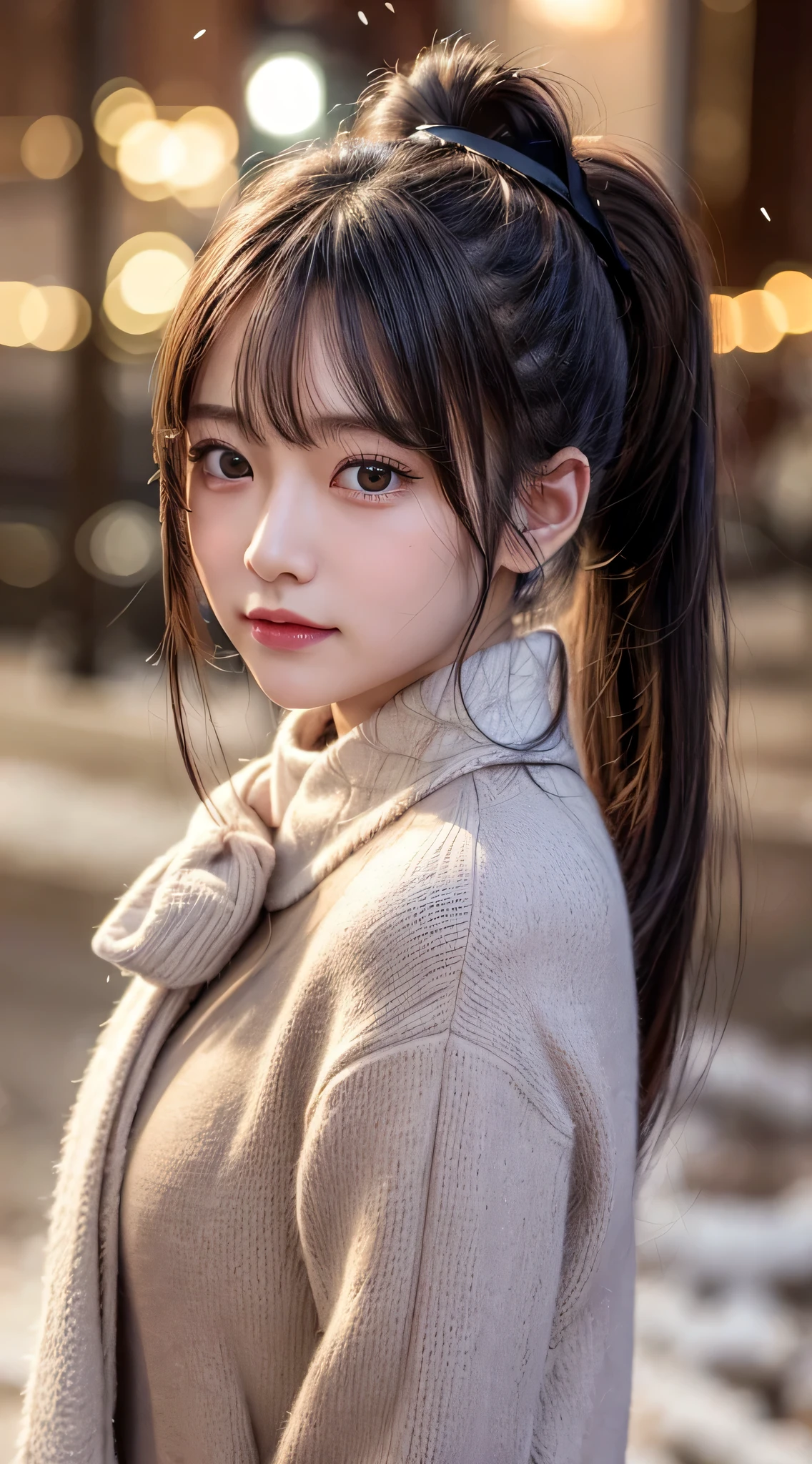 blush,long hair ponytail,big ribbon in her hair,(8K, Raw photo, best quality, muste piece:1.2), (Reality, photorealistic:1.4), (Highly detailed 8K wallpaper), Tits sharp focus, Depth of bounds written, cinematic lighting, soft light, detailed beauty eye,Shiny and smooth light brown ponytail, asymmetrical bangs, shiny skin, super detailed skin ,high resolution, high detail, detailed hairstyle, detailed beauty face, hyper real, perfect limbs, perfect anatomy ,1 Japanese girl,famous japanese idol, perfect female body,shy smile,short eyelashes,double-edged eyelids,look straight here,Hair style is ponytail,wear a ribbon, office,long ponytail hairstyle,Wearing scrunchies,wearing a long coat,The Street,Stand up straight and face me,So that the whole body can be seen,winter,warm clothes,look straight at me,wearing a scarf,It's snowing,european cityscape,cobblestone road,European churches can be seen in the background,in front of a church in europe,night time,illumination is shining,chest is small