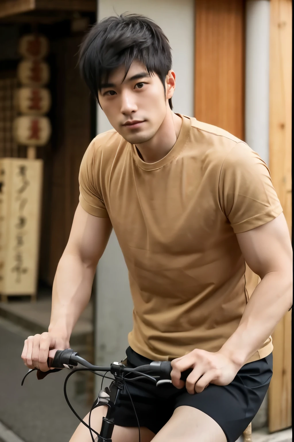 hairy legs, hairy legs, Riding a bicycle, whole body, hairy legs, muscular and toned legs, two block, long legs, Japan male, 27 years old, Thin beard, wearing beige shorts, wearing a black T-shirt, very short hair, black hair