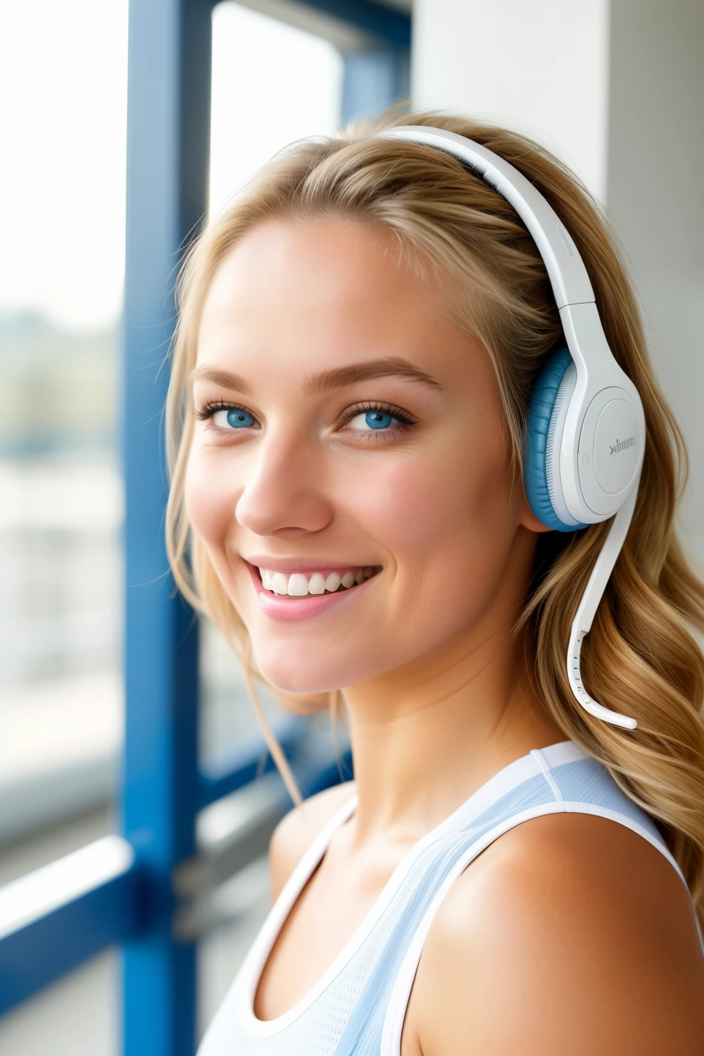 A stunning photograph captured in RAW format, showcasing a very little tan white girl with radiant blonde hair, aged 21, radiating with youthful energy. She is dressed in sleek and fashionable white sports wear, exuding an air of confidence as she sports a pair of trendy headphones. Her contagious smile illuminates the frame, capturing her joyous spirit as she embraces her workout routine at the gym. The closeup photo beautifully highlights the intricate details of her expressive face, drawing attention to her sparkling blue eyes and flawless complexion. The background, delicately blurred, adds a touch of depth to the composition, allowing the viewer to focus solely on the vibrant subject. Bathed in natural light, the photograph showcases the impeccable quality of the HDR capture, producing a