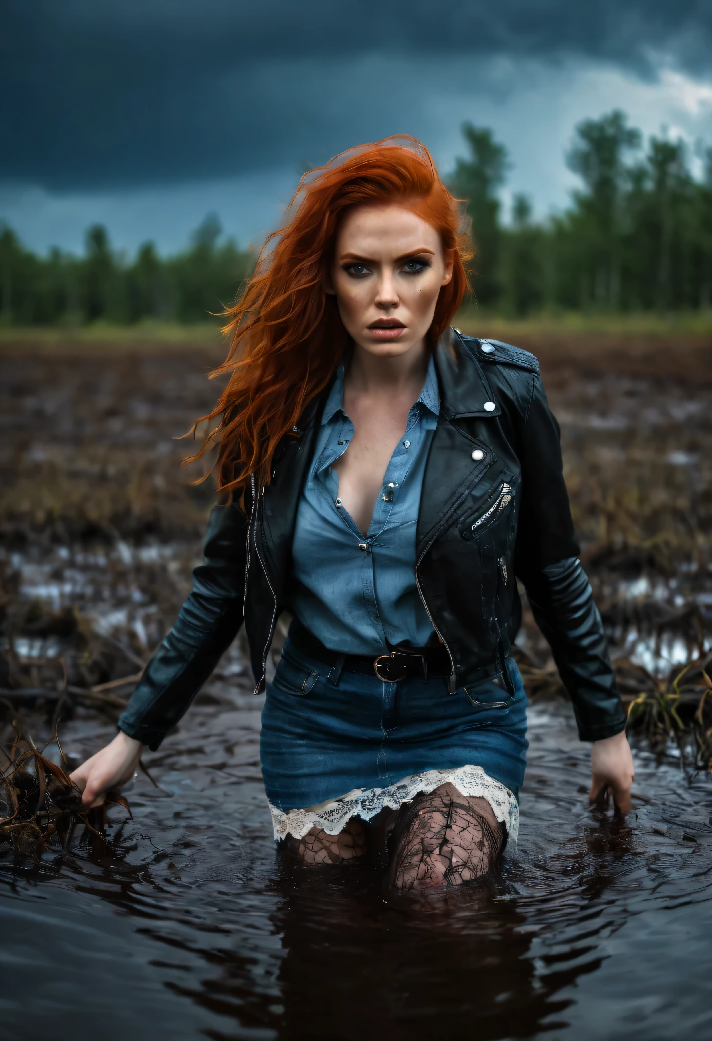 A detailed portrait of a red-haired woman drowning in a bog. sexy posing. She is wearing a denim skirt, lace stockings and leather jacket. dramatic lightning