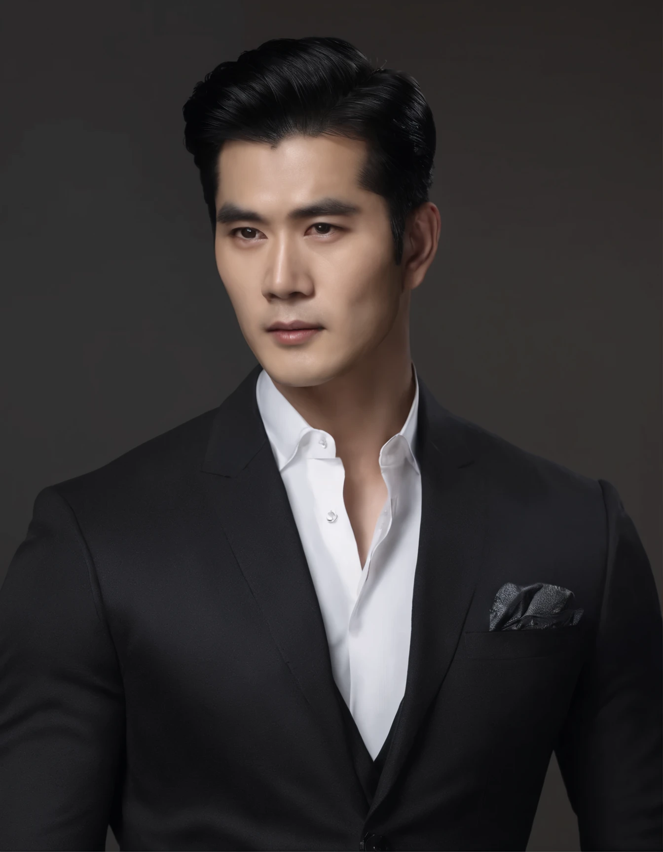 A real photo, (completely transparent face:1.37),(Head portrait of thick dark-haired Asian man in suit),(bust portrait),(Chinese actor Hu Ge:1.2),Toned muscles,background:black,lifelike: 1.4 official art, Super detailed, Beautiful and beautiful, beautiful, masterpiece, best quality, Male businessman,Looks straight,A close-up of one