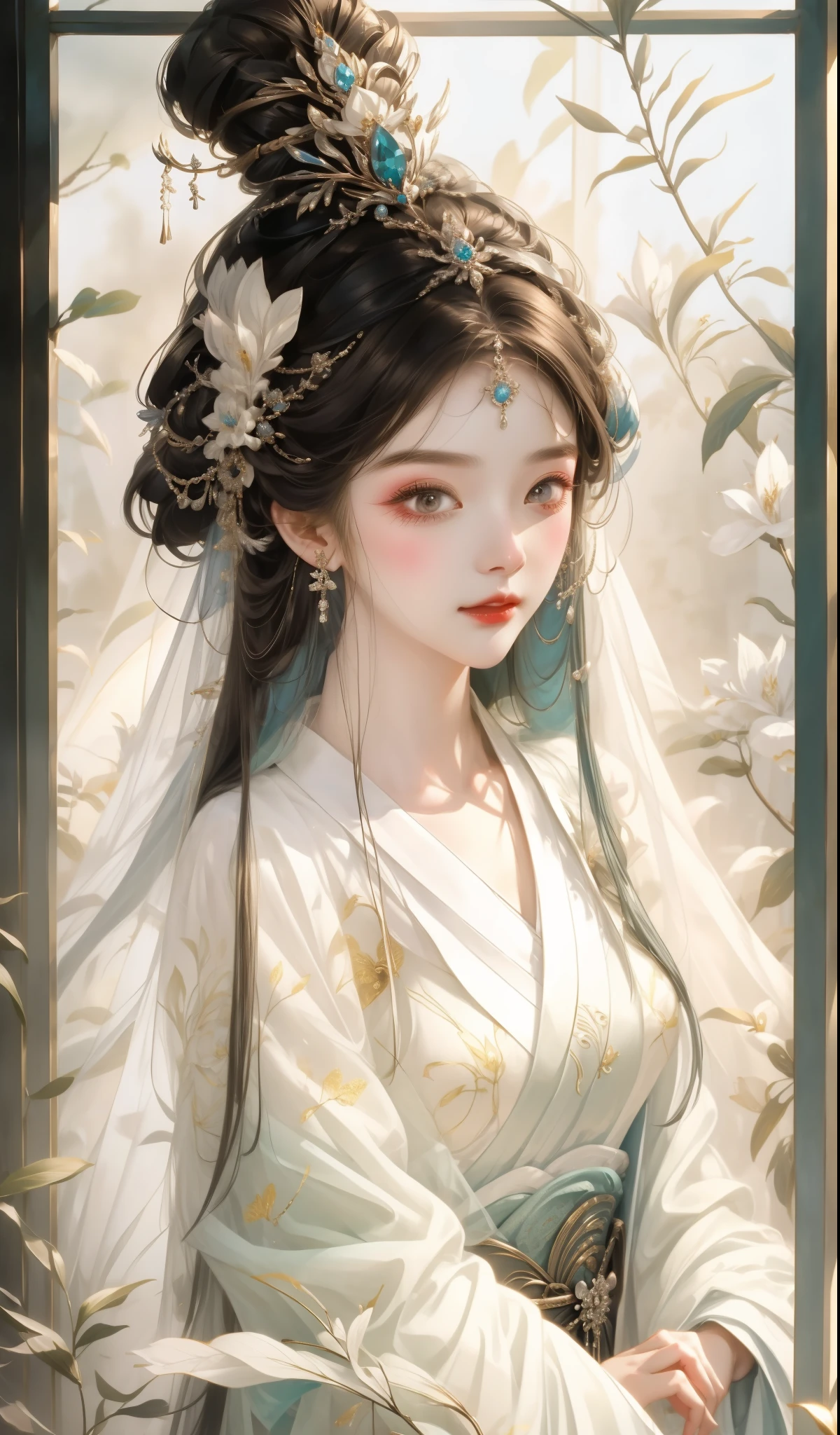 Close-up of woman wearing headdress and veil, beautiful fantasy queen, ((beautiful fantasy queen)), palace ， girl wearing hanfu, Inspired by Lan Ying, Inspired by Qiu Ying, beautiful figure painting, chinese princess, queen of china, Inspired by Huang Ji, white hanfu, dragon, Inspired by Ma Yuanyu