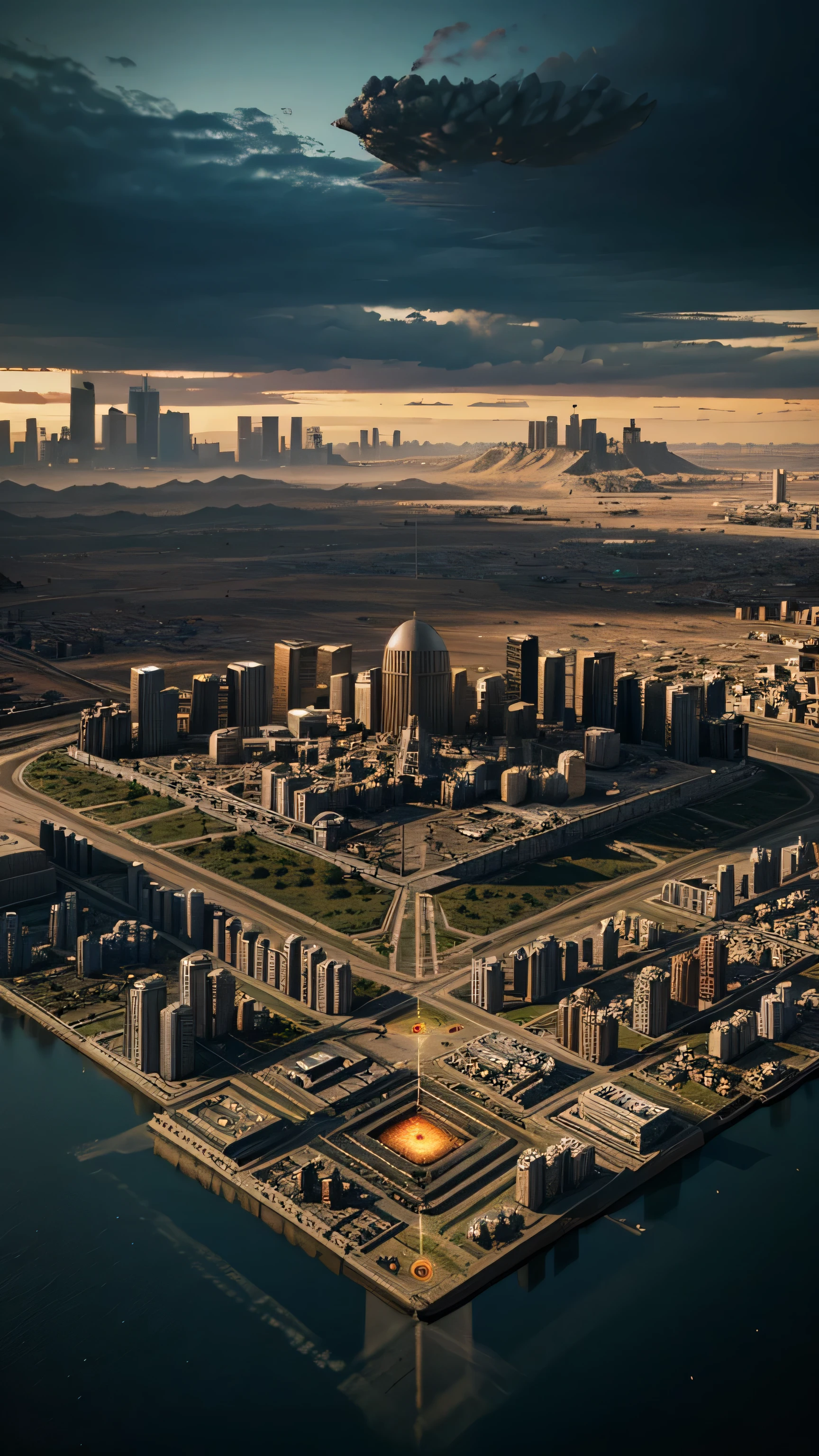 Isometric view of a post-apocalyptic city destroyed by UFOs