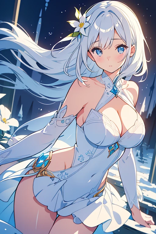 Paradise in Heaven, White lighting,(muste piece), (best quality), (cinematic), 8K, (art station),(長いwhite hairとSilvery eyesを持つ1人の女), (beautiful delicate face)、[Frozen trees々], [landscape crystal], [lighting], [Ethereal Atmosphere:1.1], [fantasy, short story] ,[soft なlighting] 、(+cinematic shot:1.2)、 [+art station] 、[+luminous white background] 、 [soft glow] 、(Creative and dynamic angles:1.3), [+Crystal Toning] 、muste piece, very detailed, Super detailed, solo, (pale skin), Silvery eyes, white hair, (snow background), (snowflake rosen flower:1.0), (shining crystal), (Snowy ground), (White lashes), sexy woman、dreamy and detailed, Gorgeous setting, 妖しい雰囲気 muste piece, The most beautiful scenes, majestic、(((full of white flowers)))、quiet and serene atmosphere、attractive, all white tones,Inside the crystal library,Transparent flowers and falling snow，Many white roses are planted,(water flowing,waterfall,water bloom),The decoration is also carefully done.,dream（very detailedです，creative design，crisp and precise lines，K HD，best quality，master piece，超High resolution，In 4K）、Diverse poses、((beautiful white flower hair ornament))、beautiful hairstyle、(best quality, In 4K, 8K, High resolution, muste piece:1.2), Super detailed, detailed expression, graceful posture, expressive brush strokes, mysterious atmosphere, artistic interpretation,Delicate floral jewelry， (((Detailed design、beautiful transparent dress、Sheer sexy dresses)))、(SFW:1.5), (oversized breasts, best body proportions, proportions of large breasts,:1.5),(white decoration on thigh)、((Beautiful accessories that wrap around your legs))。((A beautiful accessory that wraps around your wrist))