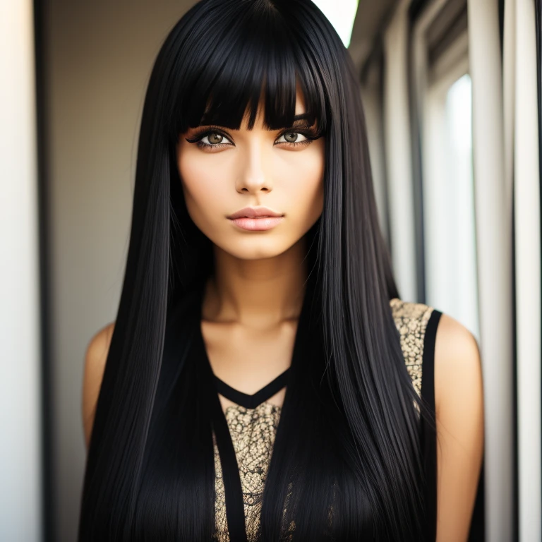a women with long black hair,slanted eyes,monolid,Blunt bangs