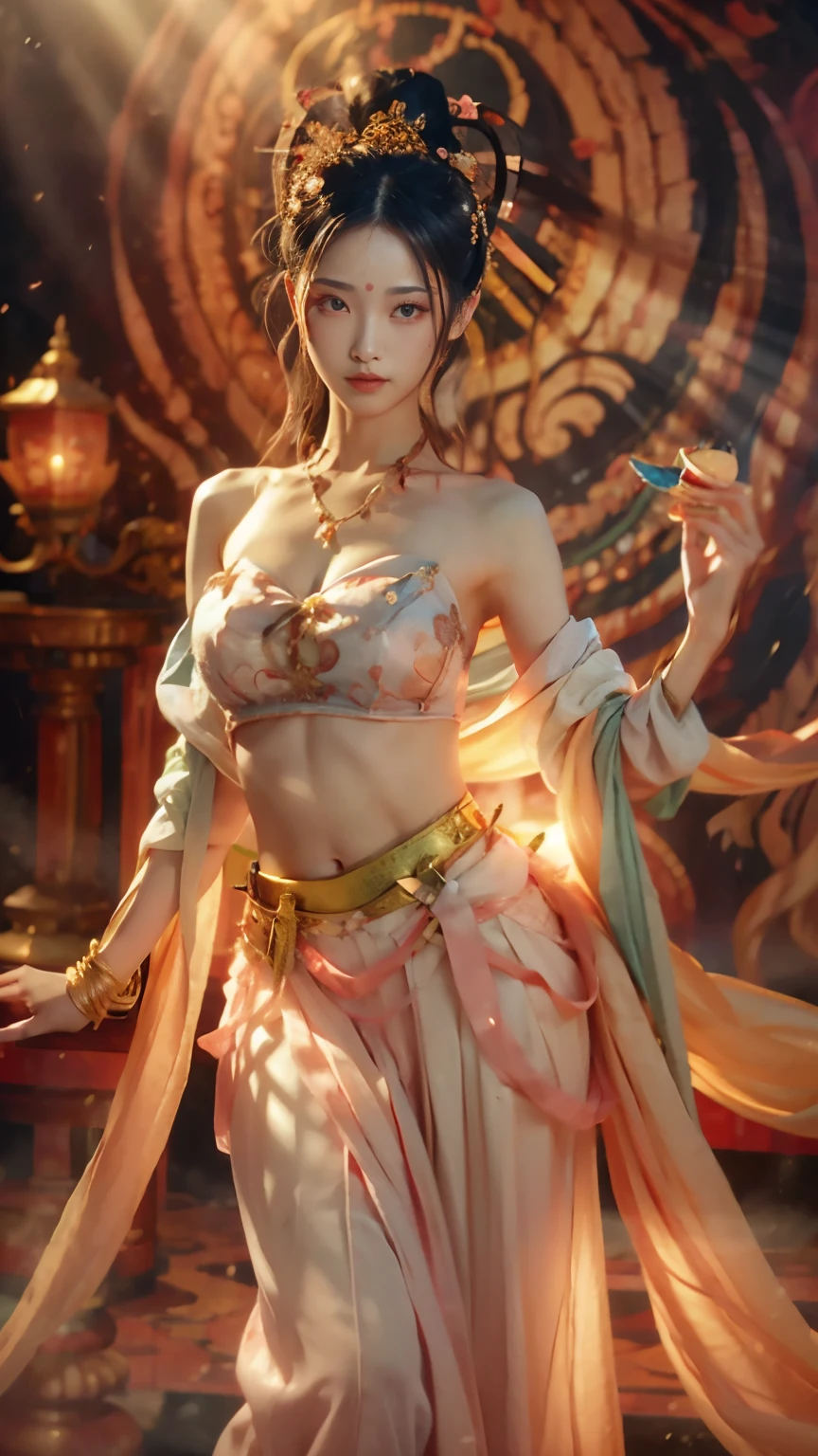original photo, actual, (Photo actual: 1.3), best quality, masterpiece, Ultra-detailed, Extreme details, 8k wallpaper, actual Detail, light, illustration, 1 girl, superior_Body, dynamic angle, world mastery theater, best quality, extremely exquisite beautiful girl, perfect face, Exquisite facial features, slender hands, Thin eyelashes, exquisite eyes, Soft and fair skin, Sexy collarbone, dance, Dunhuang_skirt, lotus, bare shoulders, stunning beauty, abdomen, navel, Astonishing, Sexy, peach blossom eyes, Light makeup, Smile, lens_flare, Mural background, ribbon, floating, lantern,