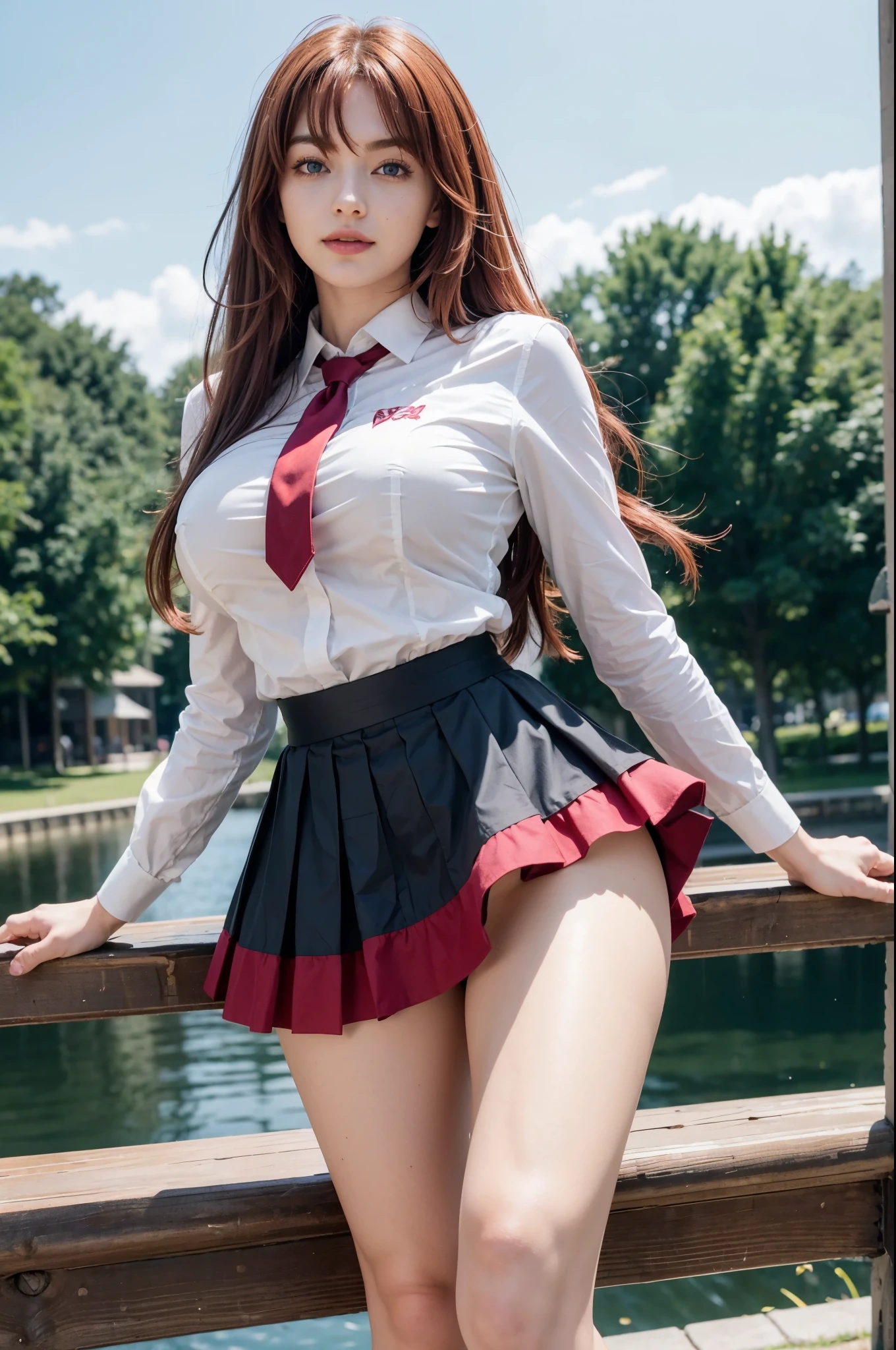 Rias Gremory \(High School DxD\), (8k, RAW photo, photorealistic:1.25), masterpiece, best quality, highres, rias gremory, 1girl, long hair, school uniform, red hair, ahoge, blue eyes, large breasts, very long hair, breasts, skirt, huge ahoge, socks,outdoors, (standing:1.2), spread legs, (skirt lift:1.3), (thong:1.2), smile,)