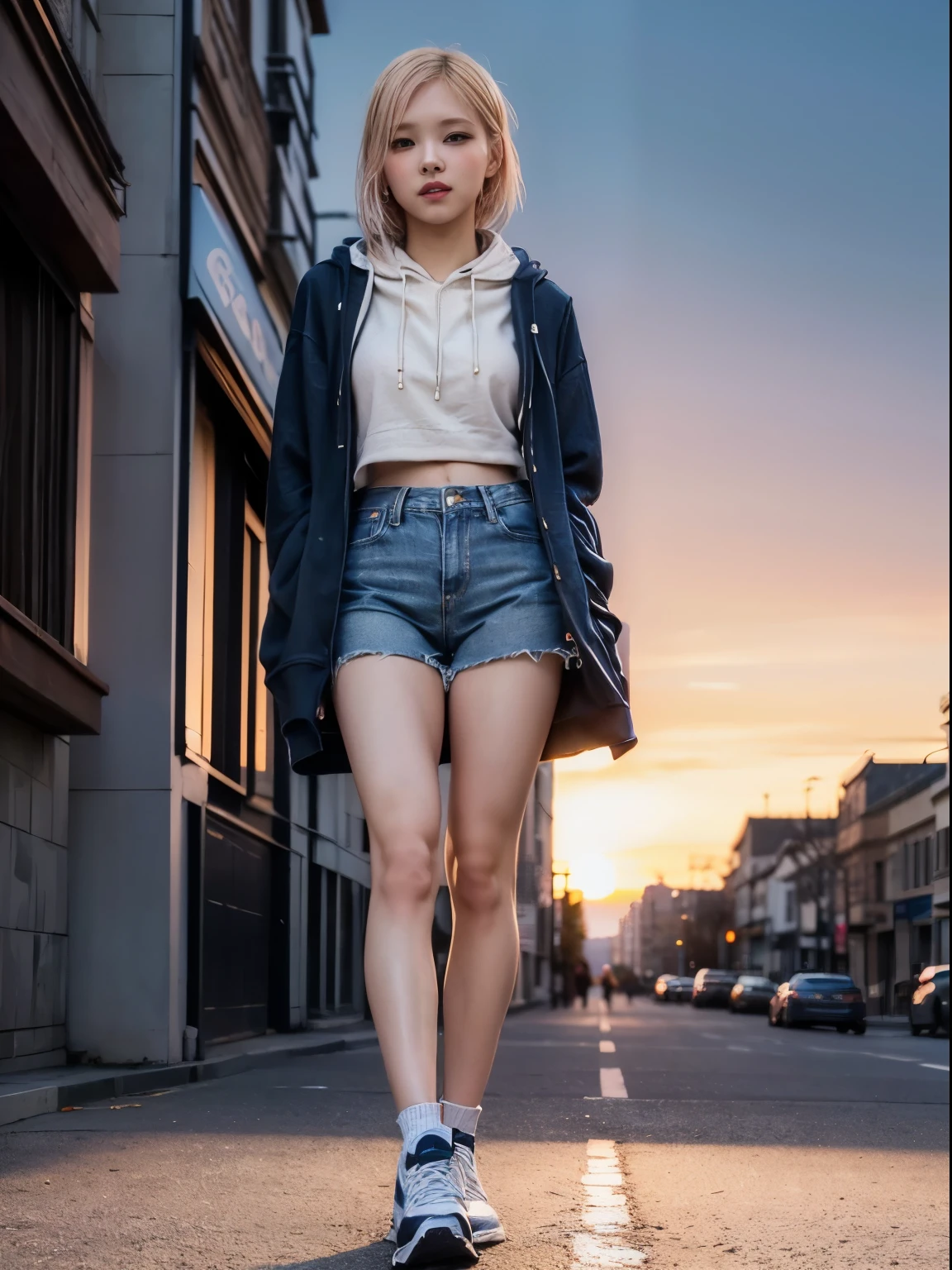 masterpiece: 1.4, (8K, Reality, RAW photograph, best quality: 1.4), bright lighting, beautiful detailed eyes, real skin:1.3, Beautiful skins, Attractive, high resolution, Ultra photo realism, Detailed: 1.6, ((hoodie:1.6, denim shorts:1.6, sport shoes:1.6)), slim body:1.3, small breast, slim legs:1.5, dynamic pose, ((standing in the middle of city streets:1.5)), (symmetrical cityscape), ((sunset:1.5)), (backlighting:1.6), (Manhattanhenge), (show head:2.0), (low angle), (wide angle), smiling, (blonde hair:1.3), 1girl, (rose blackpink)