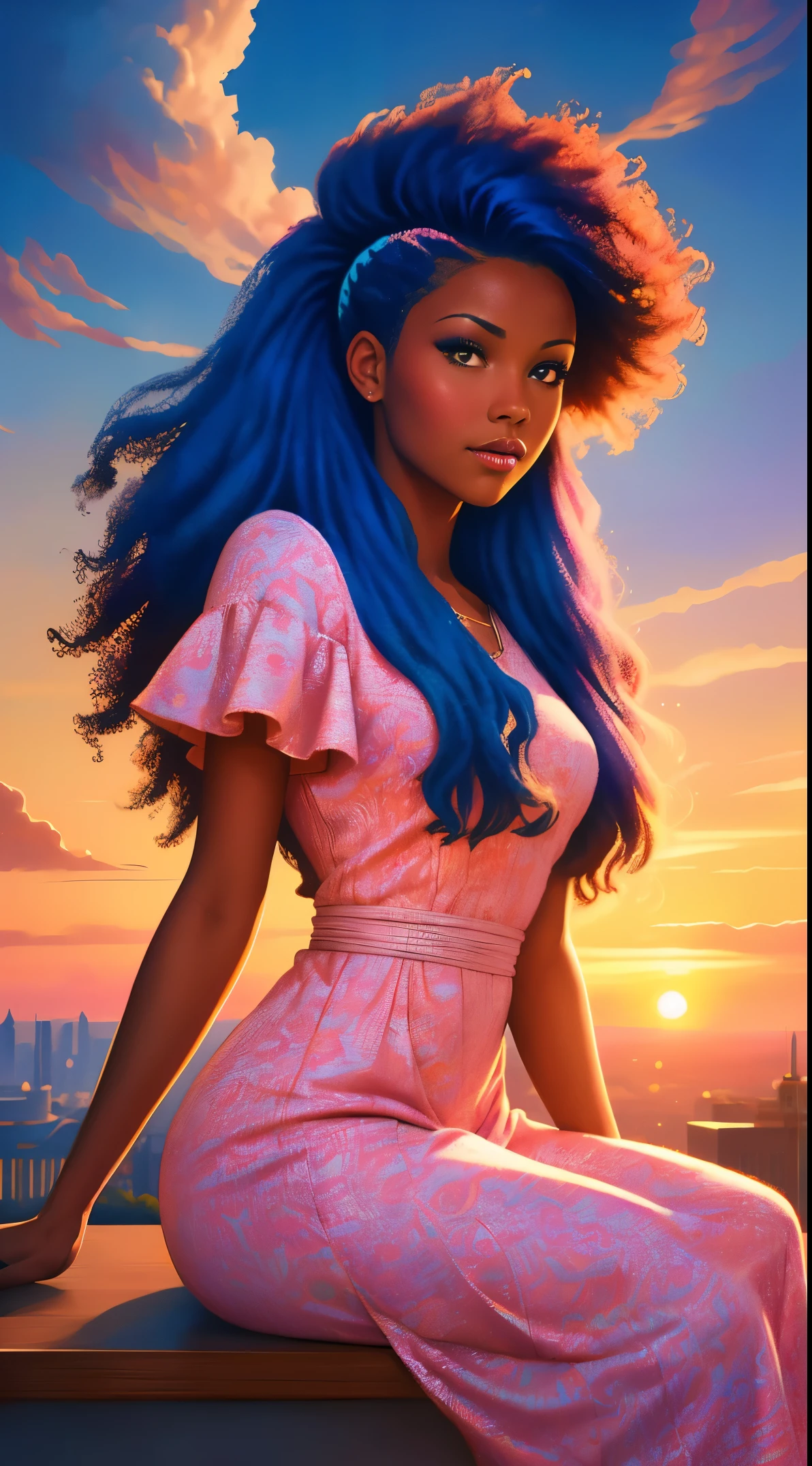 (best quality:1.1),original,1girl,chic,trendy,afro,dark skin,makeup,1970's, blue hair, brown eyes An illustration of african american woman with natural hair, in the style of ross tran, a pink dress with a cute cloud print and cute pink boots, a gorgeous woman with extremely long hair in a ponytail with bangs, sitting on a soft pink cloud chair looking at a distant magical city far beneath her, at sunset --ar 2:3 --v 6.0 pink and orange, jessica drossin, bold block prints, michael malm, bold yet graceful, bold traditional