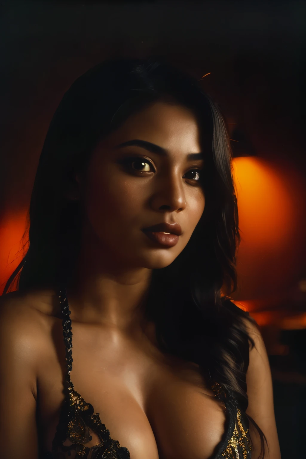 magic, Bellydancer, sexy, cleavage, (close-up, editorial photograph of a 21 year old javanese woman), (highly detailed face:1.4) (smile:0.7) (background inside dark, moody, private study:1.3) POV, by lee jeffries, nikon d850, film stock photograph ,4 kodak portra 400 ,camera f1.6 lens ,rich colors ,hyper realistic ,lifelike texture, dramatic lighting , cinestill 800,