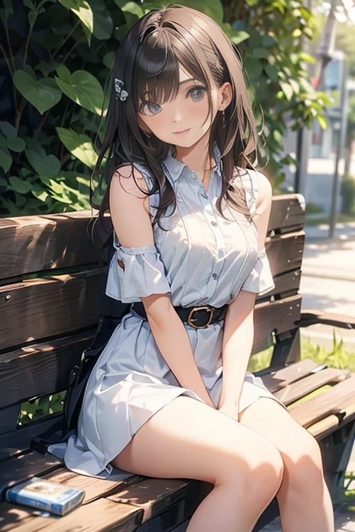 masterpiece++, best quality++, ultra-detailed+, extremely detailed++, 4K, 8K+, best quality, beautiful+, anime style,1person,full body image,summer,park,white simple mimi slipdress,leather belt,beautiful straight darkbrown hair,beautiful blue eyes, beautiful eyes++,long straight hair