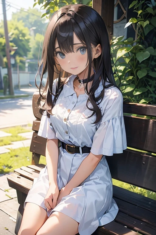 masterpiece++, best quality++, ultra-detailed+, extremely detailed++, 4K, 8K+, best quality, beautiful+, anime style,1person,full body image,summer,park,white simple mimi slipdress,leather belt,beautiful straight darkbrown hair,beautiful blue eyes, beautiful eyes++,long straight hair