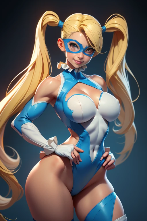 rainbow_mika_aiwaifu,blonde_hair,twintails,mask,very_long_hair,blue_eyes,muscular_female,muscular,leotard,clothing_cutout,domino_mask,wrestling_outfit,shoulder_cutout,blue_leotard,thighs,heart,heart_cutout,cleavage_cutout,frills,thick_thighs,thighhighs,covered_nipples,knee_pads,white_footwear,,1 girl,(smile), beautiful detailed face, beautiful detailed eyes, Navel, White skin, highleg, Detailed ice, absurderes,High Art, Ridiculous resolution, High resolution,