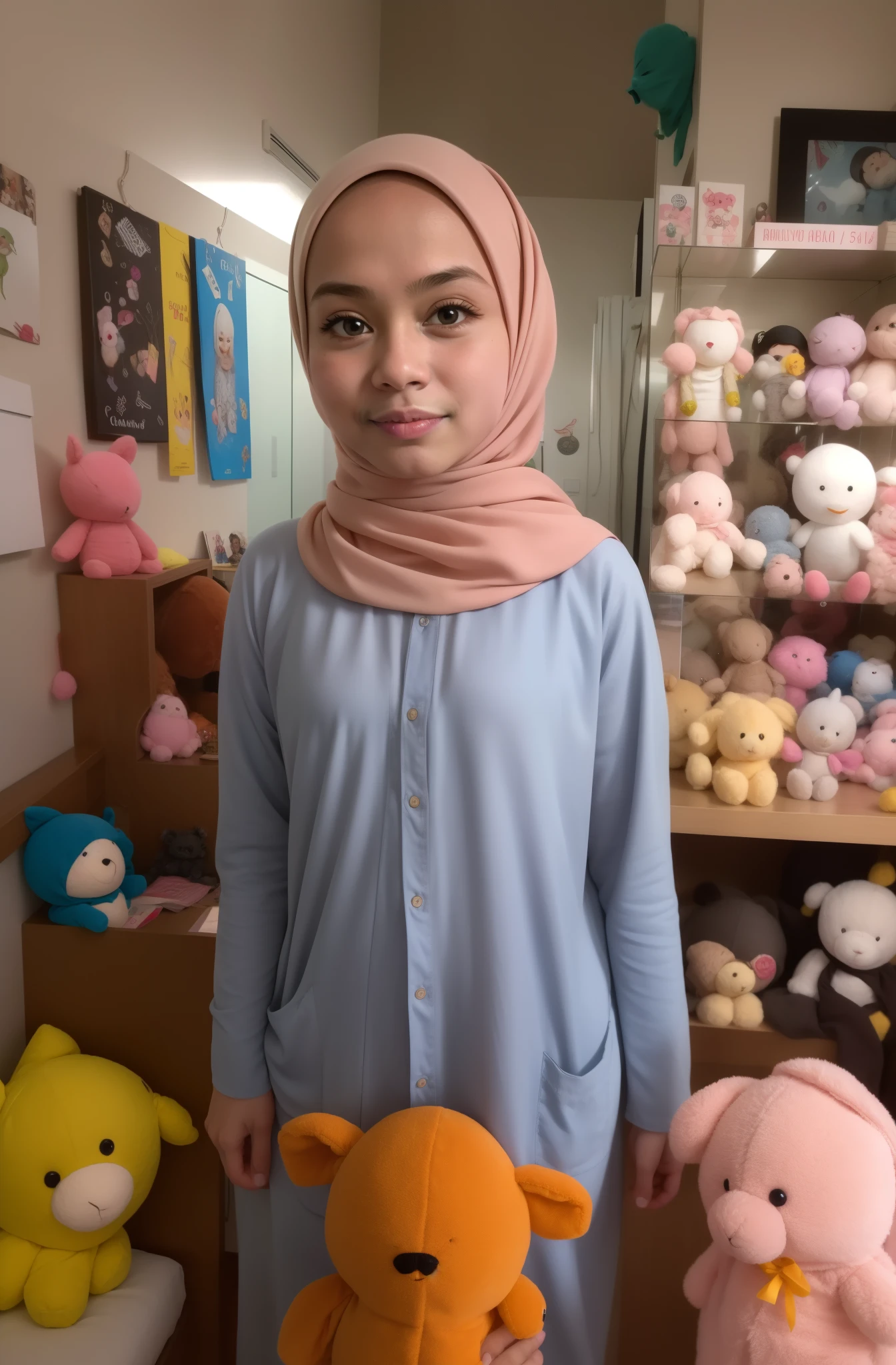 (((HIJAB MALAY GIRL))), top-quality、masterpiece、Surreal、((s room))、((Stuffed animals are on display.))、gymnastic suit、japanes、Pupils、tiny 、The appearance of the child、Hei40cm、hi-school girl、small body of a child、streaks、leg、独奏、Sunlight、Human Realistic Skin、Glossy skin、a picture、full bodyesbia、