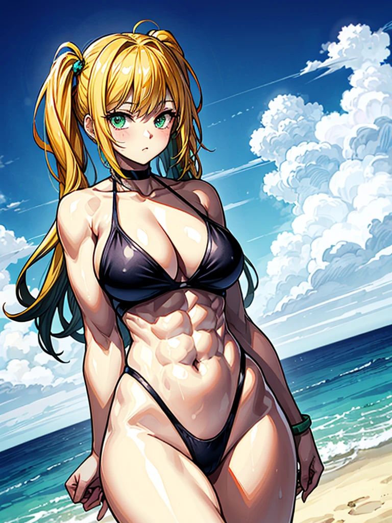 （（（masterpiece、Highest image quality、highest quality、highly detailed unity 8ｋwallpaper）））、（（Illustration of one girl））、（（（beautiful girl、cool）））、（（blonde、pixie cut：1.2、two side up、sidelocks、green eyes））、（（（tall、stocky build, thickset physique：1.3, muscular legs, broad shoulders, solid chest）））、swimsuit、sandy beach