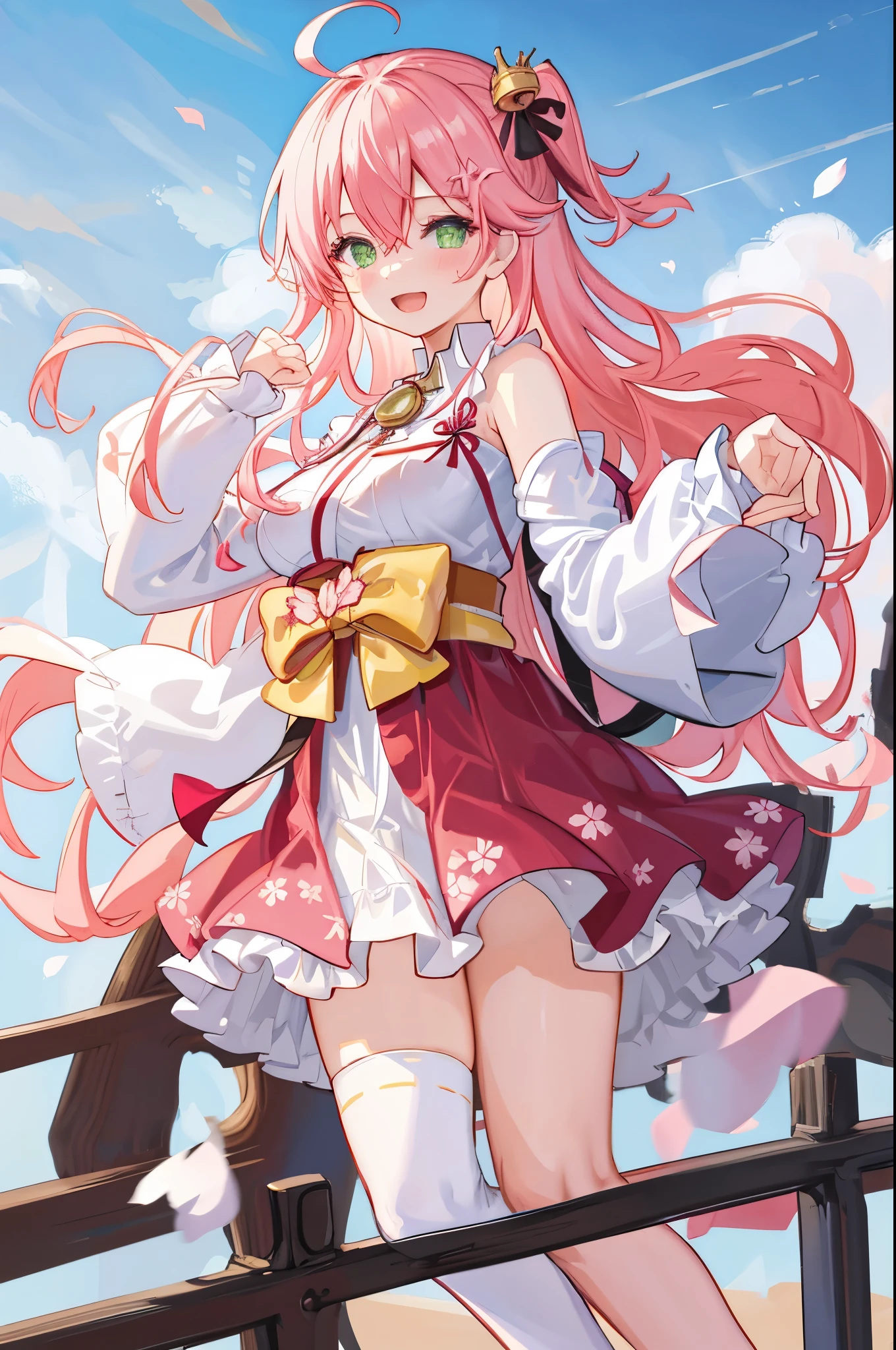 masterpiece, best quality, highres, sakura_miko, 1girl, (loli:1.3),medium_breasts, kimono, solo, ahoge, x_hair_ornament, pink_hair, floral print, hairclip,(side_less_clothes:1.3), (side_breasts:1.3), hair_bell, floral print, long_hair, hair between eyes, one side up, white_thighhighs, wide sleeves, open_mouth,(happy:1.3),green_eyes,smile,apart_legs,(overly_long_sleeves:1.3),),sleeves_past_wrists,hands_hidden_sleeves,sidelock_clothes,solo,hidden_wrists,(XD:1.5),covered_nipples,sunlight,(bare_flank:1.3),boots,open_mouth,kimono,close_eyes,.