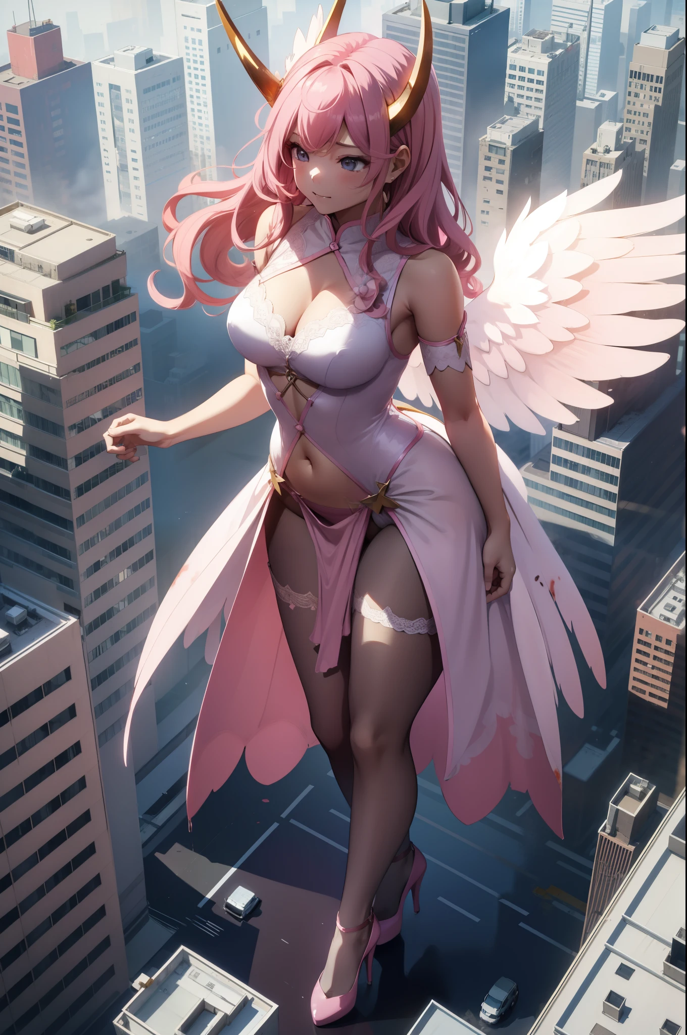 Aerial View，giant girl 50,000 feet high，Weight 1000kg，Have a pair of long legs，Has a pair of huge pink angel wings，With huge devil horns on his head，Has waist-length pink hair，loose hair，Pink wavy hair，Wearing a pair of pink Mary Jane high heels，Pink lace gloves，Pink lace pantyhose，粉色蕾丝whole body，Standing upright on a small city，Beautiful appearance，Exquisite makeup，quality，8k，高quality，Perfect proportion, Cinema lighting，film grain，Fuji colors，8k，textured skin，Super details，high detail，high resolution，fake smile，blood stains，脚底有blood stains，whole body，Obese，feather