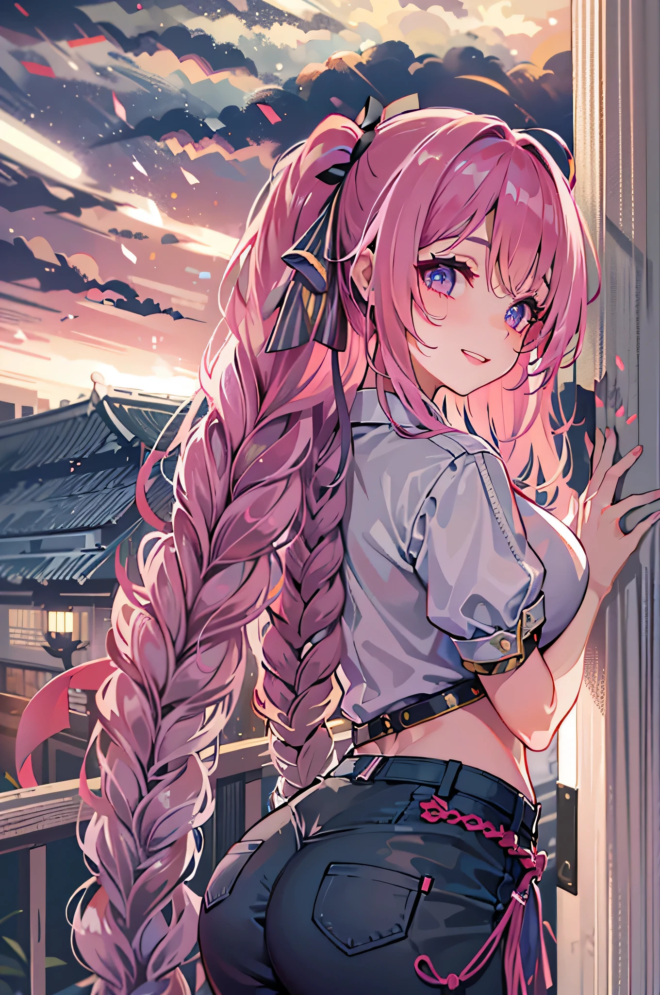 8K, highest quality,Sophisticated,Beautiful woman, smile, body, adult, cute, anime, night background,cute Clothes,midnight,big breasts, ,country,Braid,long hair, pink hair, retreating figure, teeth