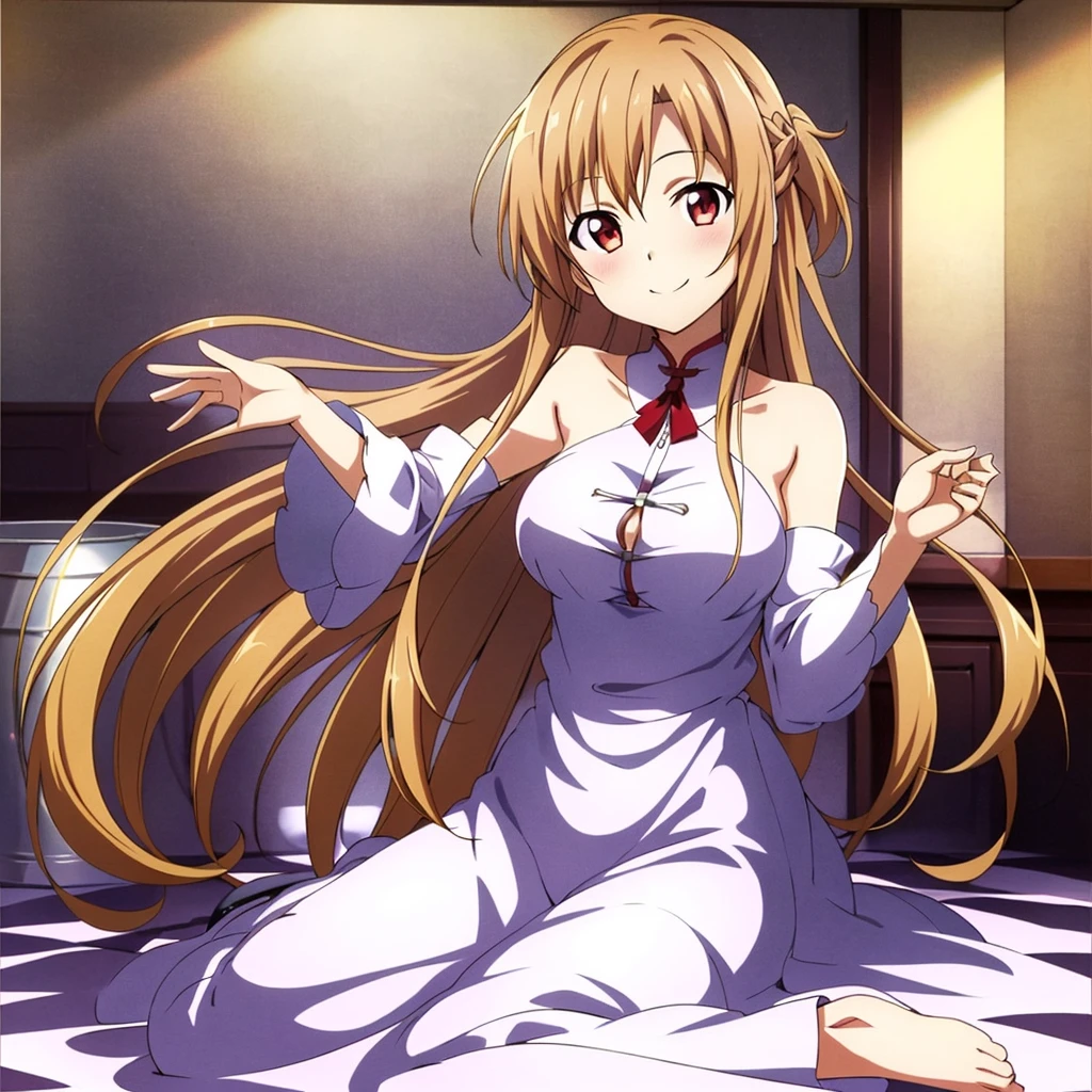 (extraordinary、Best aesthetic、new、up to date、best quality、masterpiece、very detailed、anime、wife:1.2)、1 girl、yuuki_asuna、solo、tits、pubic hair、全naked、naked、Living room background、smile、naked体