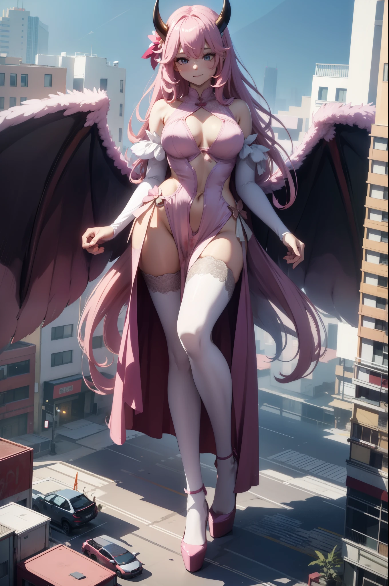 Aerial View,giant girl 50,000 feet high,Weight 1000kg,Have a pair of long legs,Has a pair of huge pink angel wings,With huge devil horns on his head,Has waist-length pink hair,loose hair,Pink wavy hair,Wearing a pair of pink Mary Jane high heels,Pink lace gloves,Pink lace pantyhose,粉色蕾丝whole body,Standing upright on a small city,Beautiful appearance,Exquisite makeup,quality,8k,高quality,Perfect proportion, Cinema lighting,film grain,Fuji colors,8k,textured skin,Super details,high detail,high resolution,fake smile,blood stains,脚底有blood stains,whole body,Obese,feather