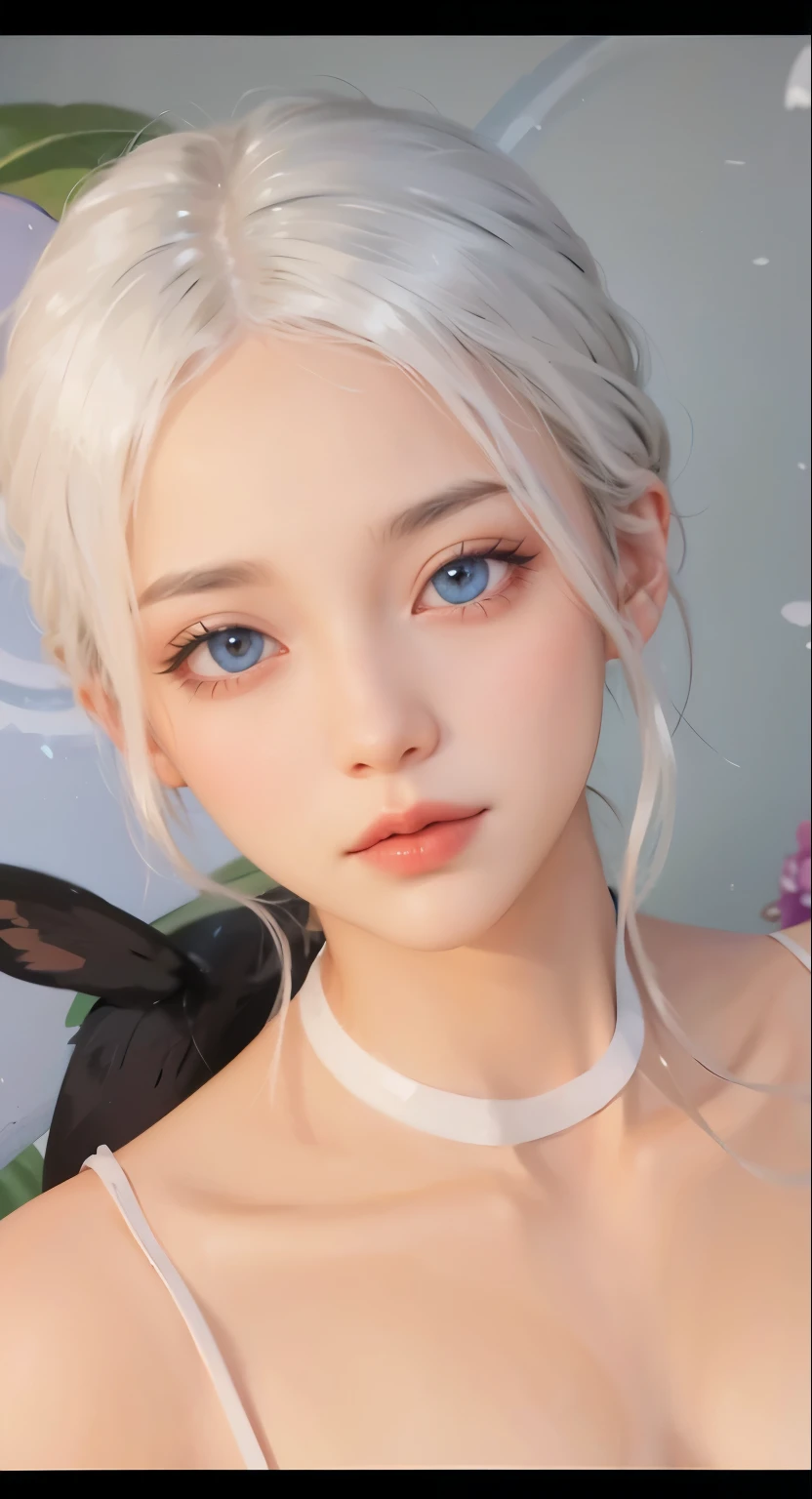 white hair, blue eyes