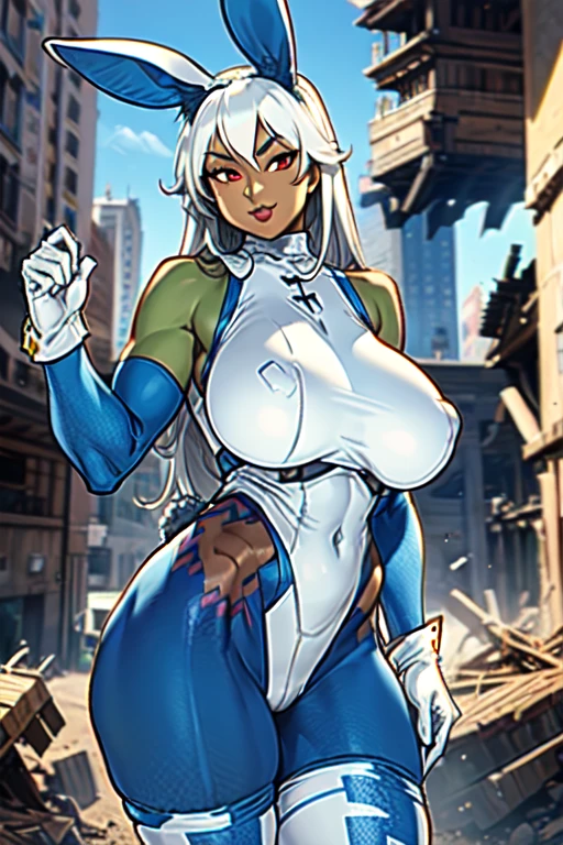 1girl, (solo:1.2), (looking at viewer:1.5), (interesting pose:1.2), (dynamic pose:1.2), (huge breasts:1.2), (happy:1.1), (cowboy shot:1.3), (curvy:1.4), wide hips, slender waist
houtengeki, soft shading, (masterpiece:1.3), (best quality:1.3), (perfect anatomy:1.4), highly detailed, mirko mha, rabbit ears, rabbit girl, abs, muscular female, red eyes, dark-skinned female, dark skin, animal ears, (white hair:1.2), (white eyebrows:1.1), (long hair:1.3), (white gloves:1.3), covered navel, sleeveless, (white leotard:1.3), sleeveless turtleneck, crescent print, leotard, turtleneck, highleg leotard, (blue thighhighs:1.3), fur collar, covered navel, bare shoulders, (hero outfit:1.3), (post fight scenery:1.3), rubble, outside, daylight