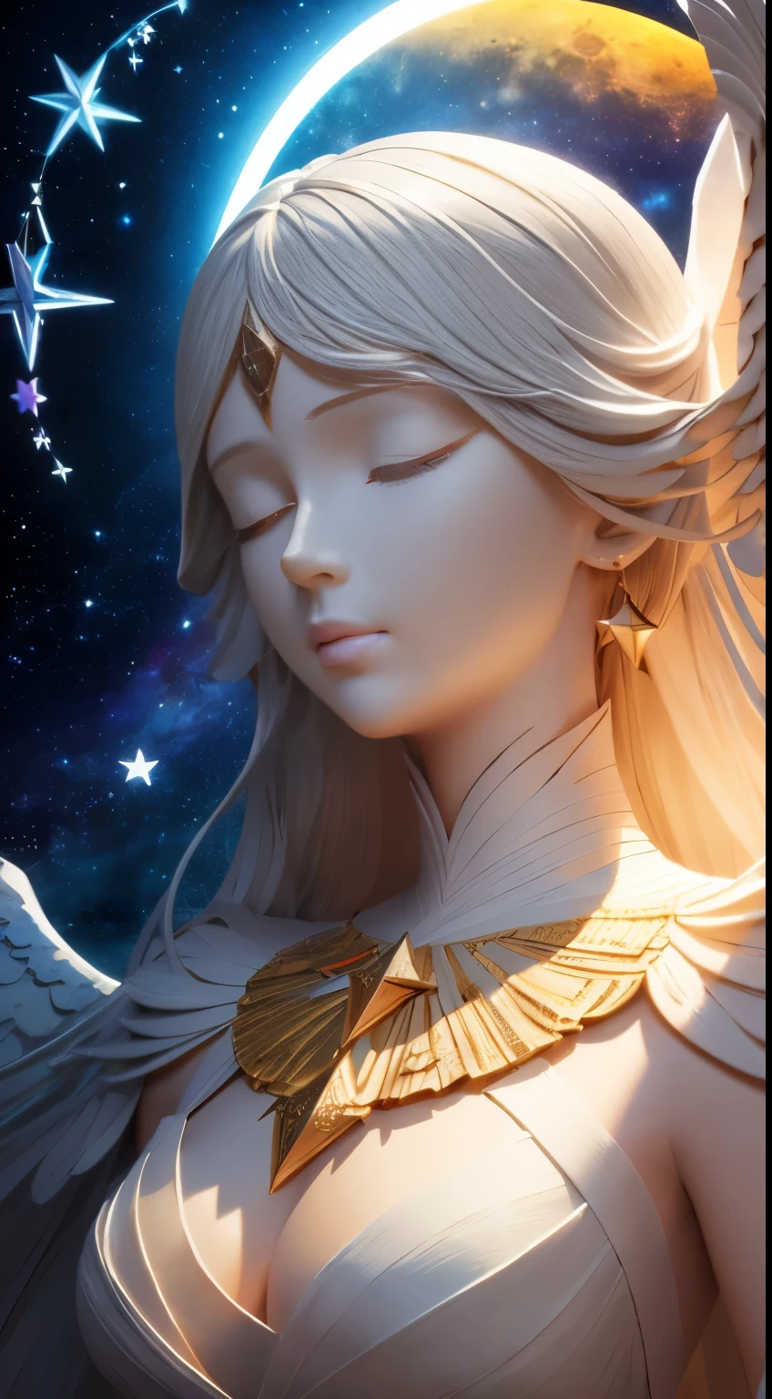 figure: 1.3), paper art, 3D rendering of, colorful background, sculpture，Angel，(close her eyes: 1.3), (masterpiece Star 1.2)(masterpiece Moon 1.2) , colorful, highest quality, Detailed details, masterpiece, official art, movie light effects, 4K, chiaroscuro , flash