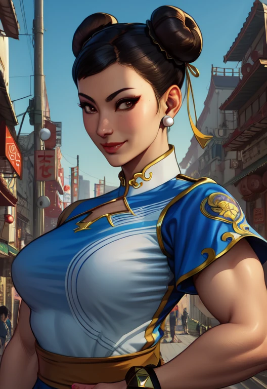 chun li, double bun,  black hair, brown eyes,  
chinese clothes, spiked bracelet, bun cover, earrings , 
standing, upper body,  smile,  sash, 
chinatown,  police station,  morning, 
(insanely detailed, beautiful detailed face, beautiful detailed eyes, masterpiece, best quality),solo, 