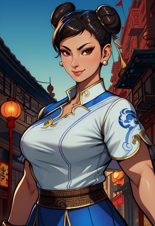 chun li, double bun,  black hair, brown eyes,  
chinese clothes, spiked bracelet, bun cover, earrings , 
standing, upper body,  smile,  sash, 
chinatown,  police station,  morning, 
(insanely detailed, beautiful detailed face, beautiful detailed eyes, masterpiece, best quality),solo, 