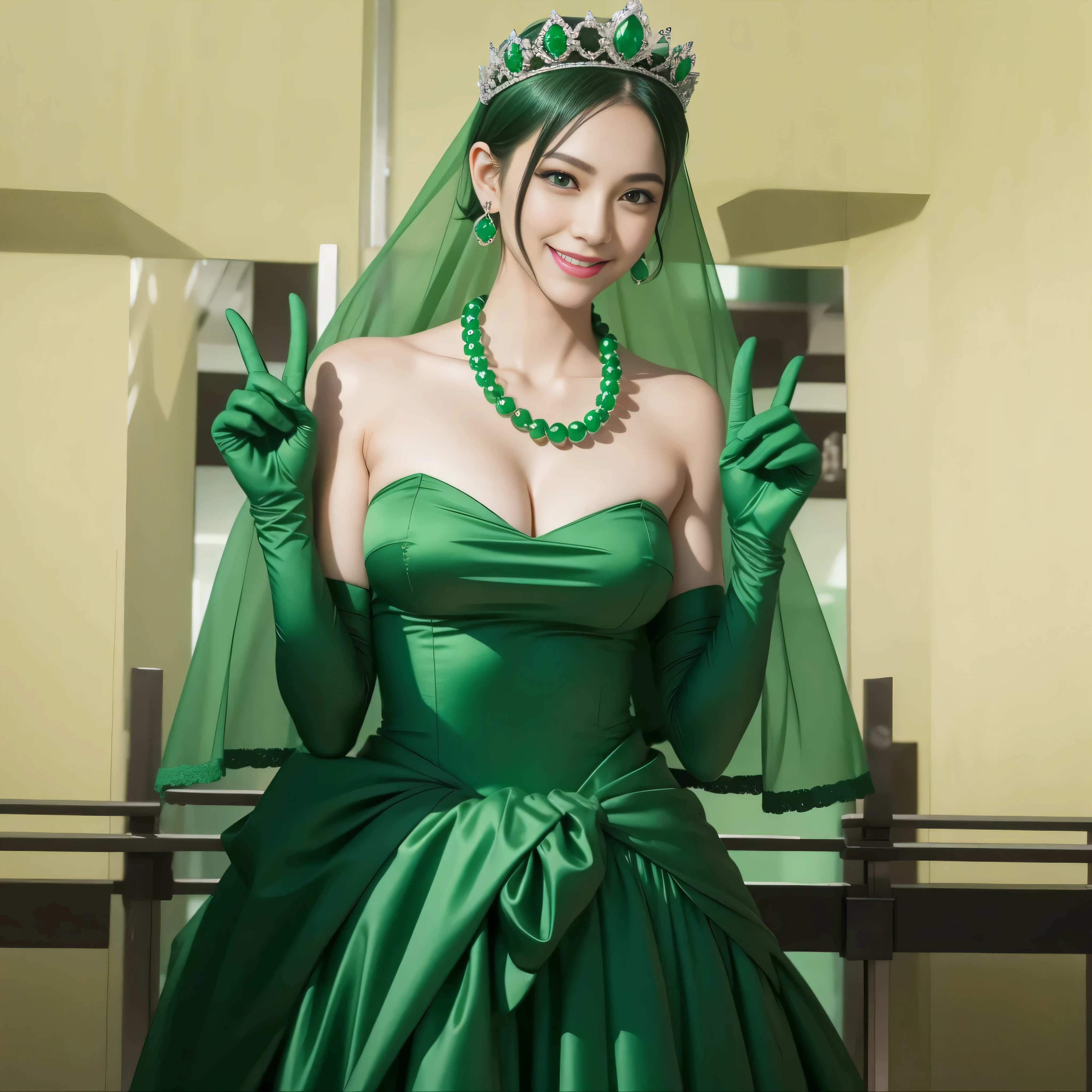 emerald tiara, green pearl necklace, boyish very short green hair, lipstick, smiling Japanese woman, very short hair, big breasts beautiful, green eyes, Long green satin gloves, green eyes, V sign, emerald earrings, green veil
