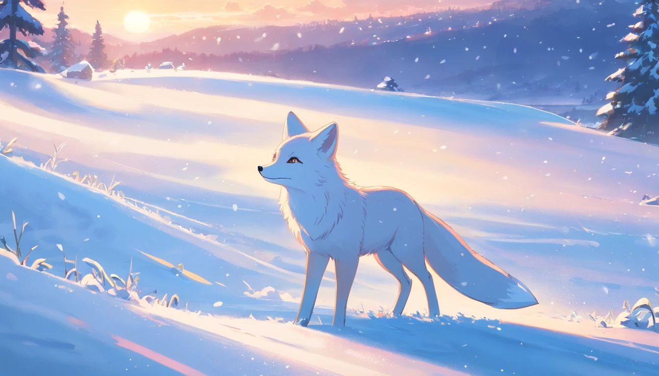 (masterpiece, best quality), a cute white fox roaming at the snowy meadows, heavy snow fall