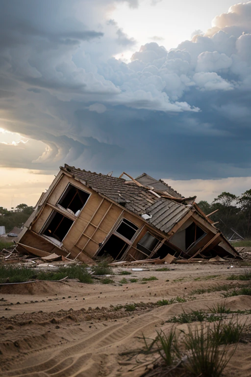 A house collapsing on sandy soil in the middle of a storm