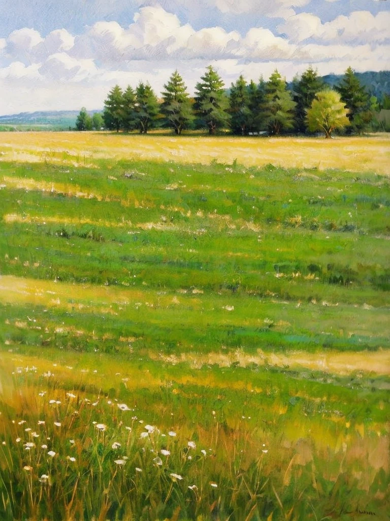 A nice composition landscape, warm weather, small trees in the distance, watercolor feel, masterpiece, sunny day, grassy fields, clouds in the sky
