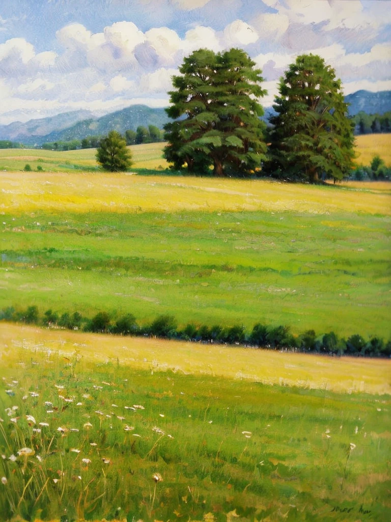 A nice composition landscape, warm weather, small trees in the distance, watercolor feel, masterpiece, sunny day, grassy fields, clouds in the sky