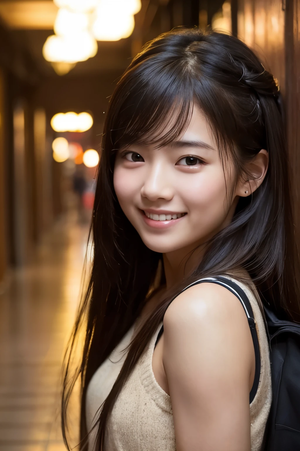 College girl, smile, old school hallway, smile, depth of field, UHD, retina, masterpiece, ccurate, textured skin, anatomically correct, high details, super detail, high quality, highres, best quality, award winning