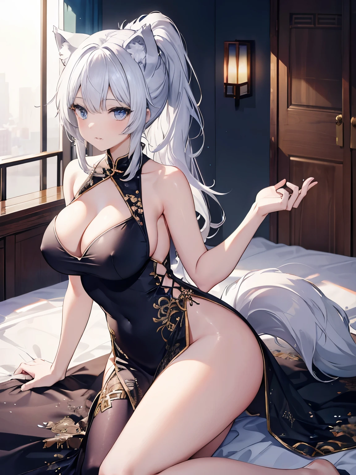 4K,High resolution,one woman,silver hair,short ponytail,wolf ears,wolf tail,blue eyes,big breasts,tits,Bedroom,open leg,show your shoulders,China dress,princess