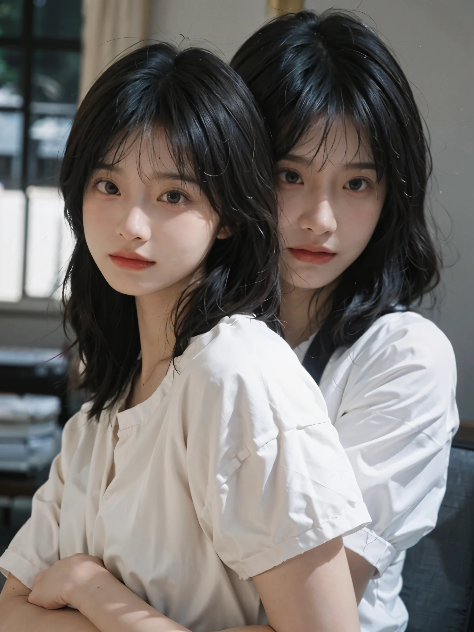 best quality, ultra high resolution, White background,(Upper body:1.4)(realistically:1.4), 2个girl, gold short sleeves,twin,A pair of eyes as clear as snow,Royal sister,girl,looking at the audience, close up ,