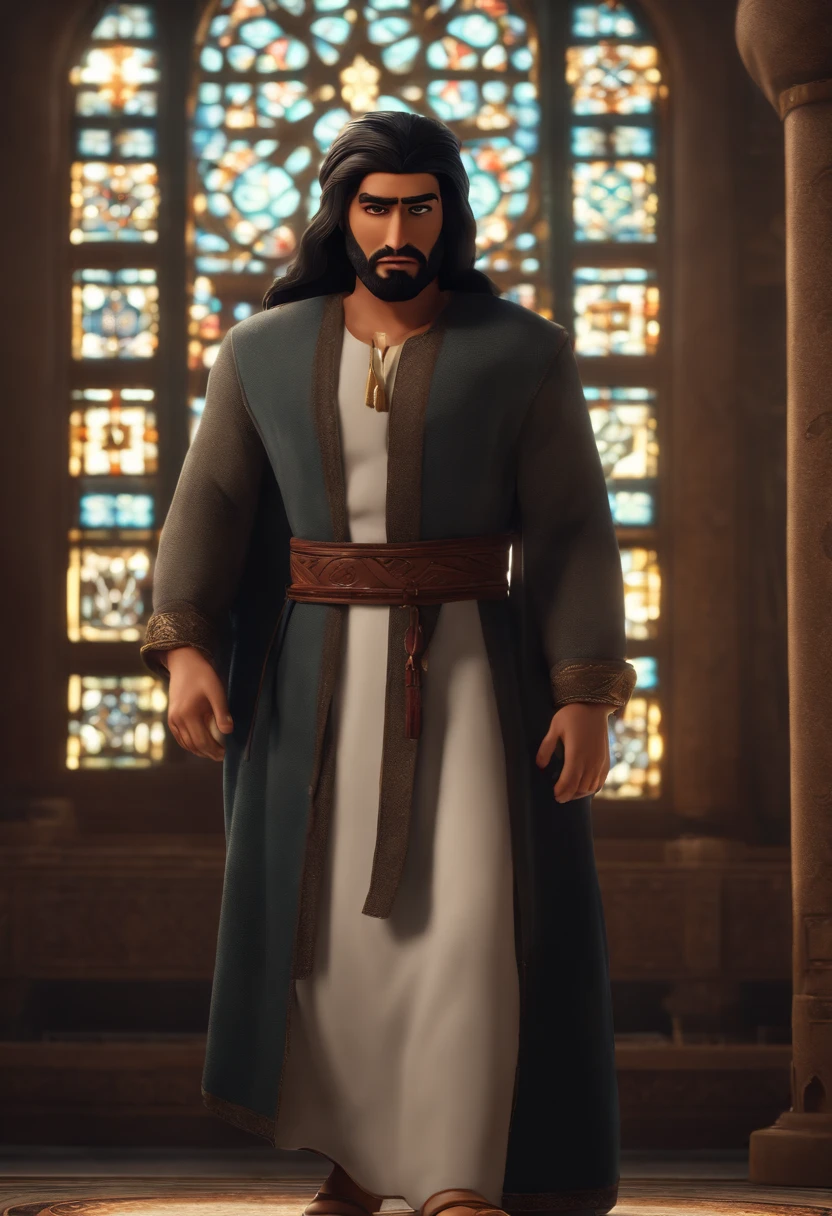 bishuit, full body, an Arab man, handsome, the front view, 30 age, black hair, parted bangs, snowflake hair ornament, closed mouth, doyagao, Pixar, depth of field, best quality, UHD, retina