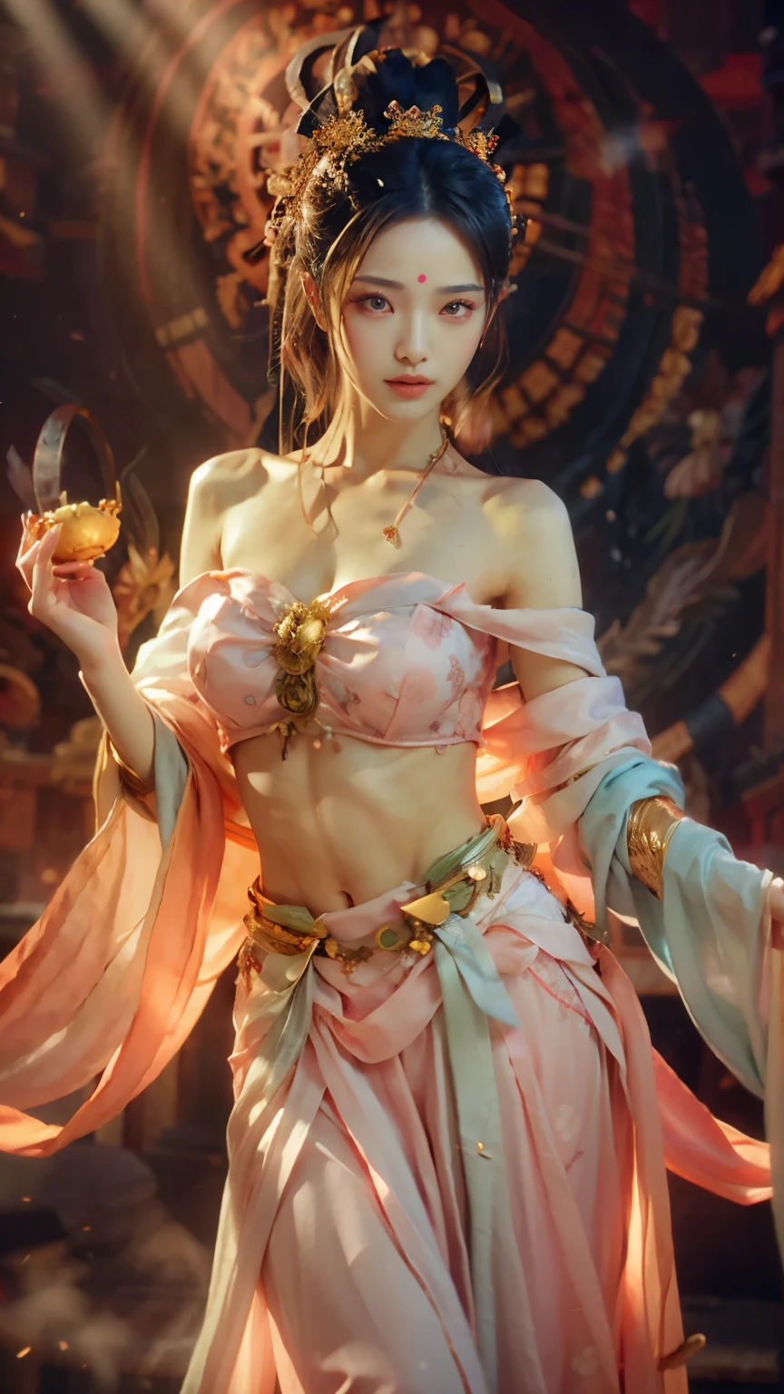 original photo, actual, (Photo actual: 1.3), best quality, masterpiece, Ultra-detailed, Extreme details, 8k wallpaper, actual Detail, light, illustration, 1 girl, superior_Body, dynamic angle, world mastery theater, best quality, extremely exquisite beautiful girl, perfect face, Exquisite facial features, slender hands, Thin eyelashes, exquisite eyes, Soft and fair skin, Sexy collarbone, dance, Dunhuang_skirt, lotus, bare shoulders, stunning beauty, abdomen, navel, Astonishing, Sexy, peach blossom eyes, Light makeup, Smile, lens_flare, Mural background, ribbon, floating, lantern,