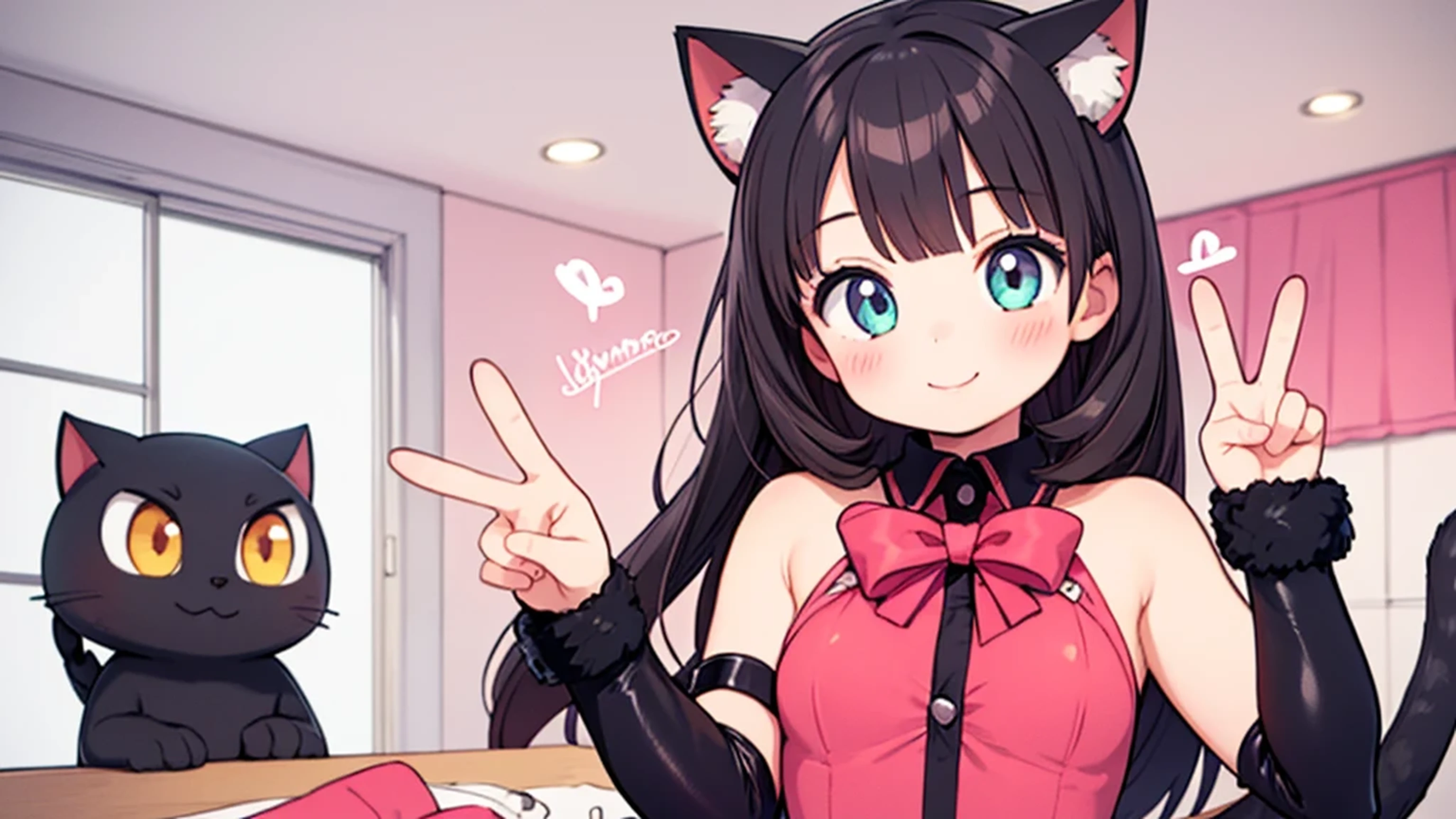 1 girl,catwoman,animal ears,Tail,looking at the audience,Smile,peace sign,pink kawaii room,Heart Project,ribbon,Everlasting,Upper body,