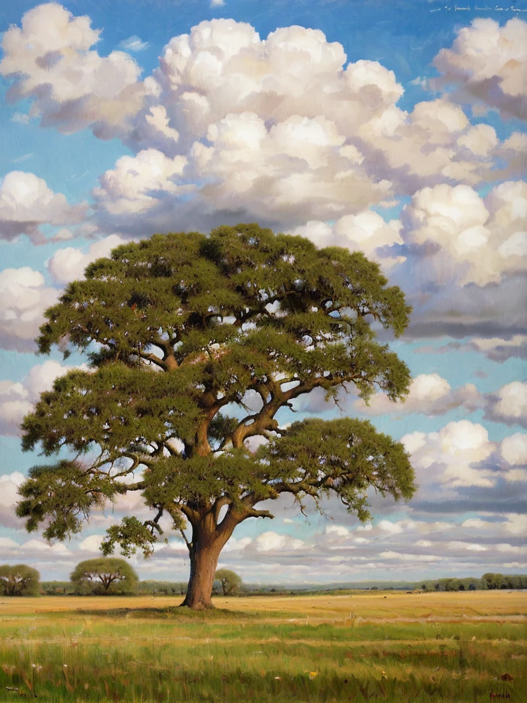 big oak in the middle of grassy field, huge cumulus clouds in the sky, warm weather, nice landscape with proportions and masterfull composition