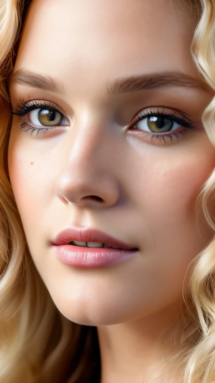 (((close up of face)))、Ultra-realistic Movie Master Pie with ultra-detailed primetime portraits, 最high quality, 8K, table top, Ultra HD), 1 female 38 years old、fashion supermodel, blonde curly hair、masterpiece, 最high quality, high quality, High resolution、(close up of face)、