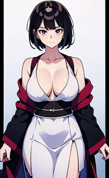 (((masterpiece))), 1 girl, alone, short hair, black hair,red eyes,kimono, cleavage, medium breasts, closed mouth, clavicle, hakama, open clothes, swordsman, thighs, side boob,Two-dimensional beautiful girl