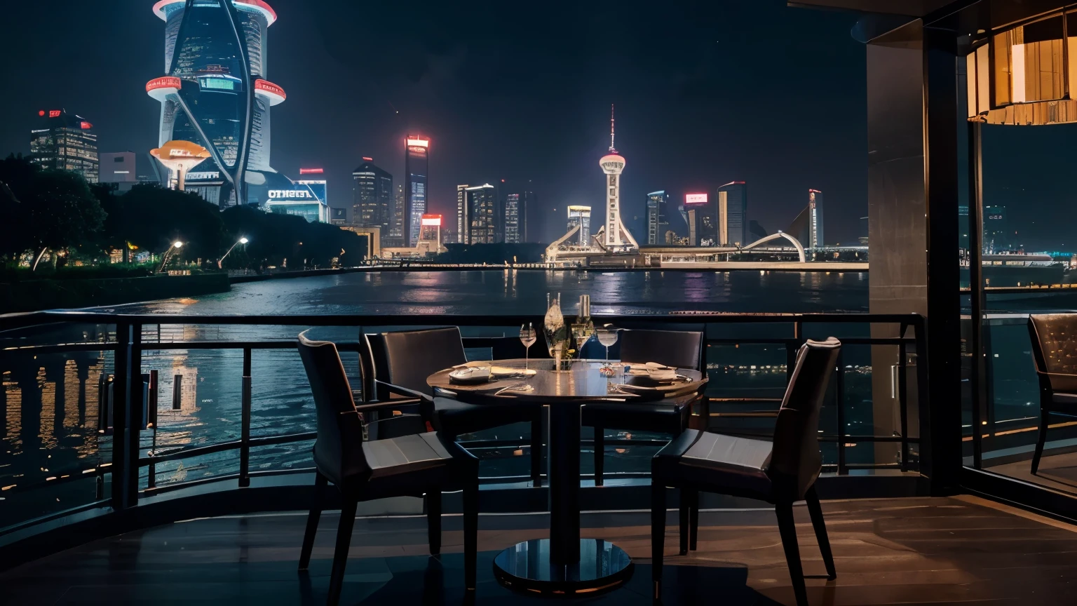 Luxury restaurant, modern, Riverside restaurant, lake, table with four chair, balcony of restaurant, Shanghai, cyberpunk city, tall cyber building, oriental pearl tower, neon light, night time, high details, 8k quality, masterpiece, no one