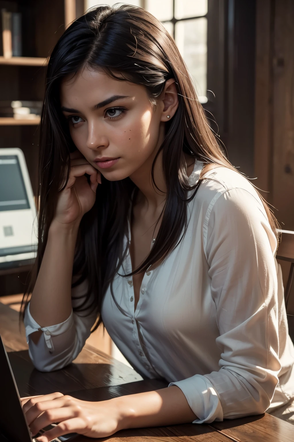 Imagine a woman sitting at a table, in front of a computer with a puzzled expression. The table is clutter-free, and no lingerie items are in sight. She wears a simple blouse and a pair of jeans, her hands resting on her head in thought, her long hair cascading over her shoulders. The room is dimly lit, with soft shadows casting an artistic glow on her face. The computer monitor displays a complex set of codes, reflecting her deep concentration. The scene is a realistic, high-definition snapshot of intense focus and problem-solving determination. (Photorealistic: 1.4), (Best quality, high resolution, masterpiece), medium shot, 