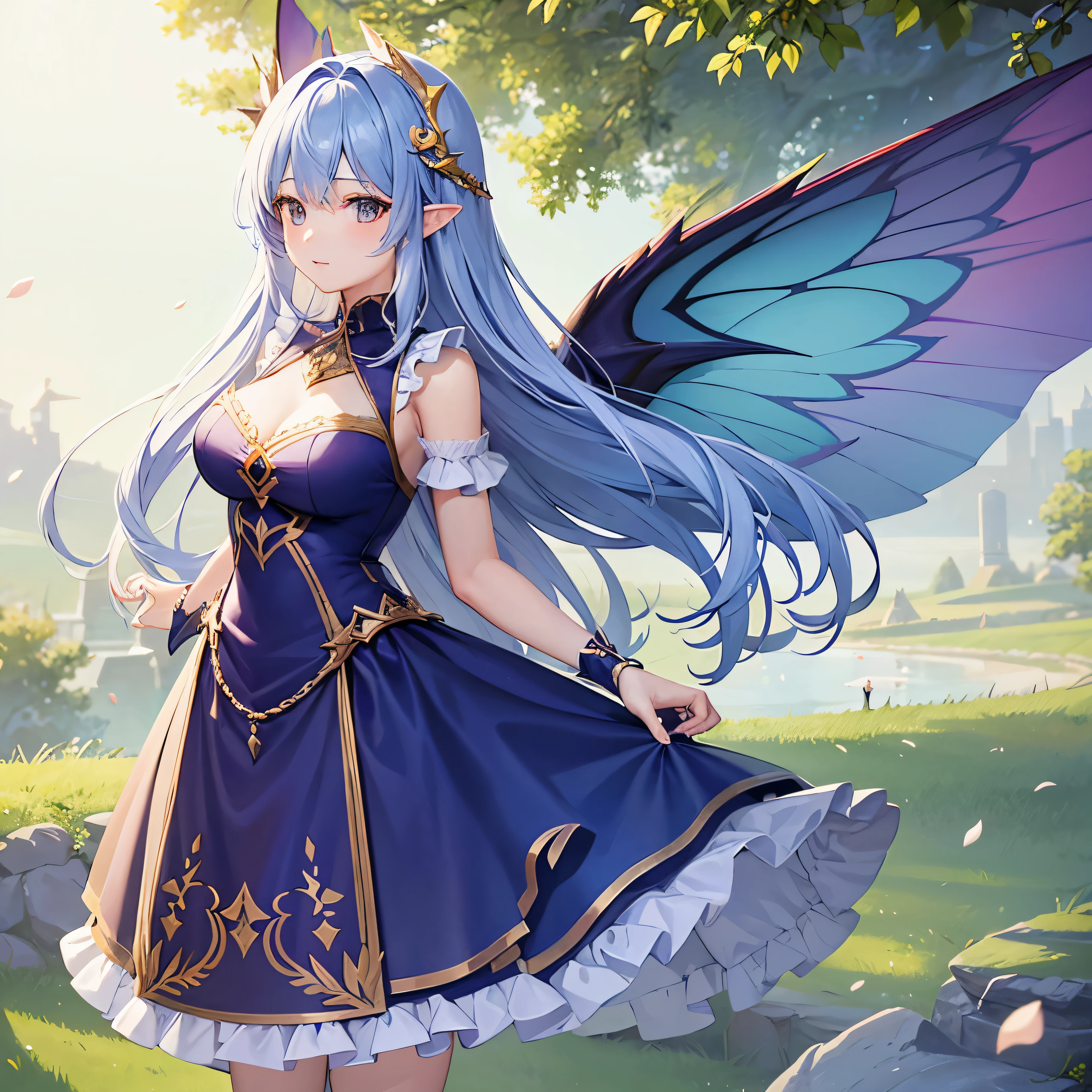 Adult 25 years old woman Flying fairy wearing fairy clothes design outfit , detailed fairy clothes outfit , character design , standing full body facing toward the camera