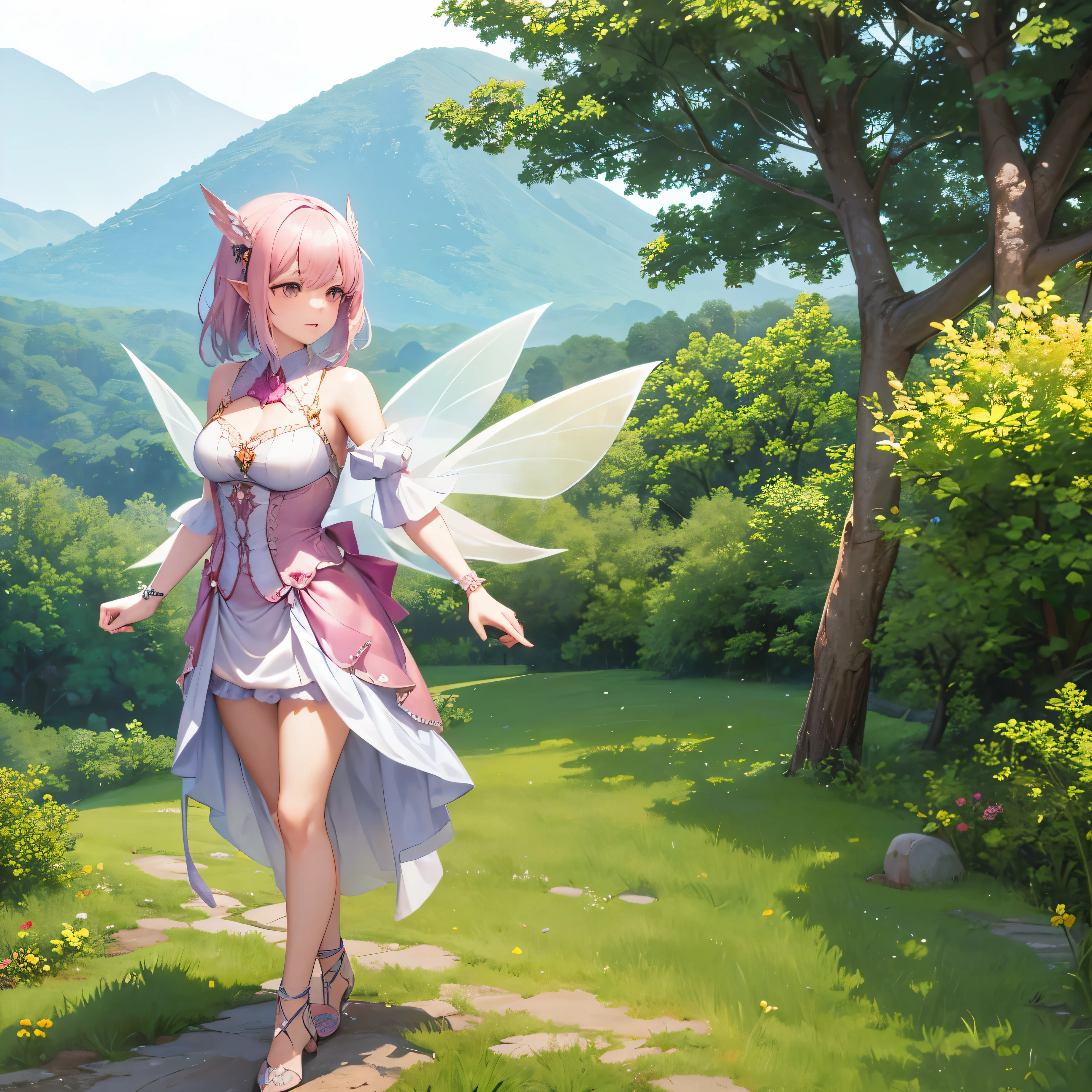 Adult 25 years old woman Flying fairy wearing fairy clothes design outfit , detailed fairy clothes outfit , character design , standing full body facing toward the camera