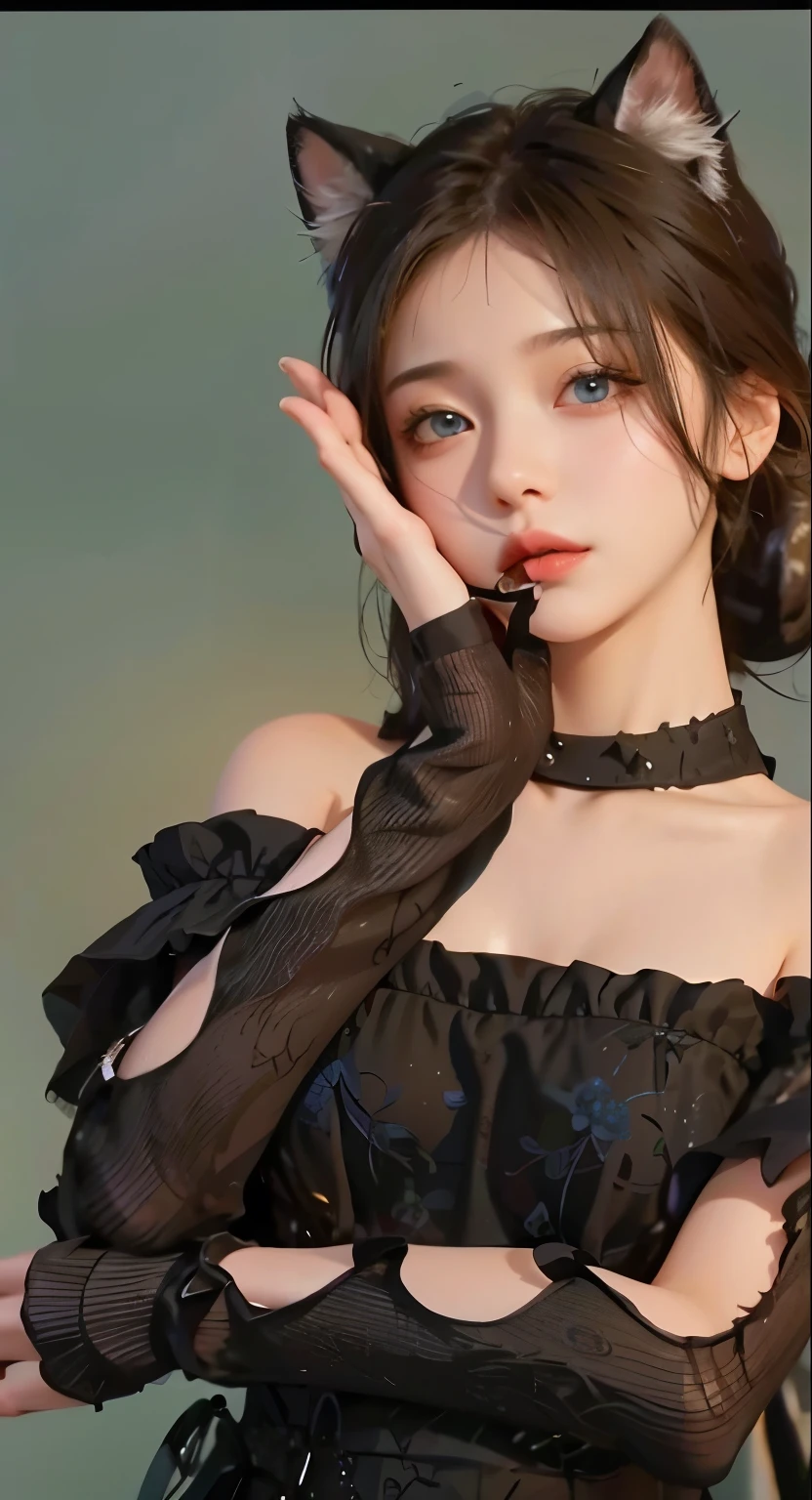 Black background、Professional Lighting、(((Professional Lighting 1.5)))、Translucent skin texture、Sheer skin、Beautiful Skin、、Off the shoulder、Navy Blue Dress、Ecstasy of Musical Notes、