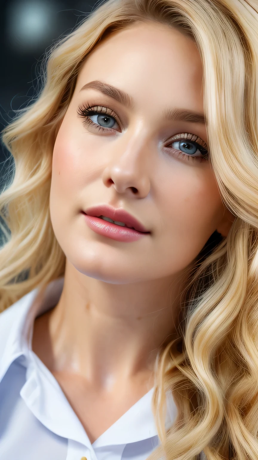 (((close up of face)))、Ultra-realistic Movie Master Pie with ultra-detailed primetime portraits, 最high quality, 8K, table top, Ultra HD), 1 female 38 years old、fashion supermodel, blonde curly hair、masterpiece, 最high quality, high quality, High resolution、(close up of face)、